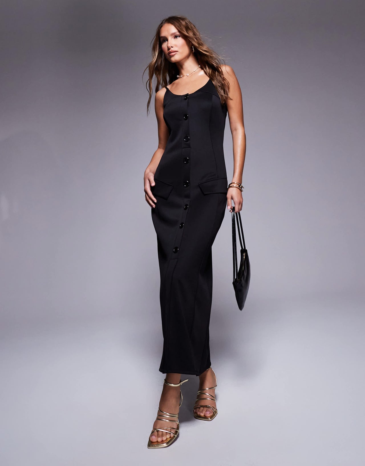 ASOS DESIGN  button down black midi dress in black in scuba-style fabric