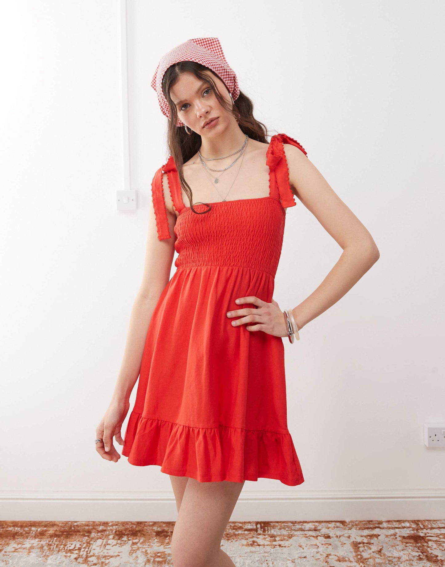 Miss Selfridge shirred detail tie shoulder mini dress in red