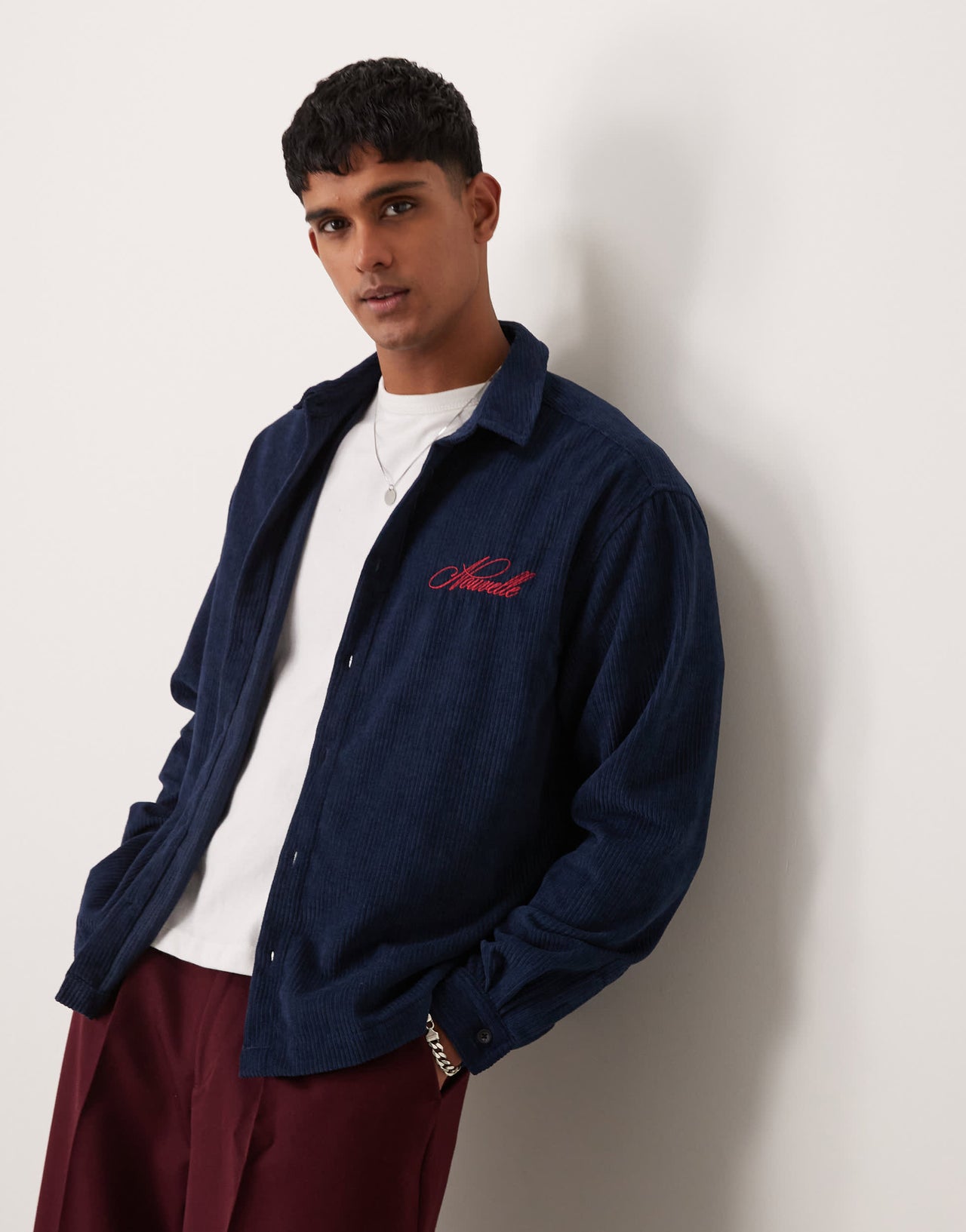 ASOS DESIGN oversized boxy cord shirt with embroidery in navy