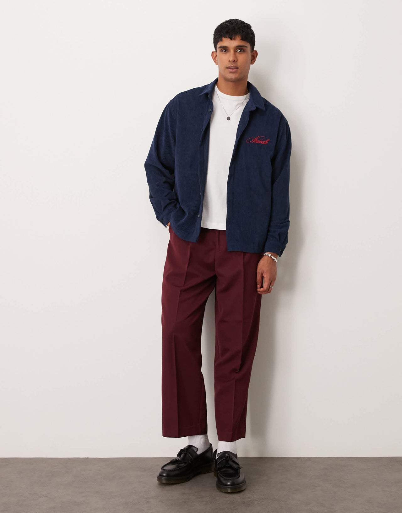 ASOS DESIGN oversized boxy cord shirt with embroidery in navy