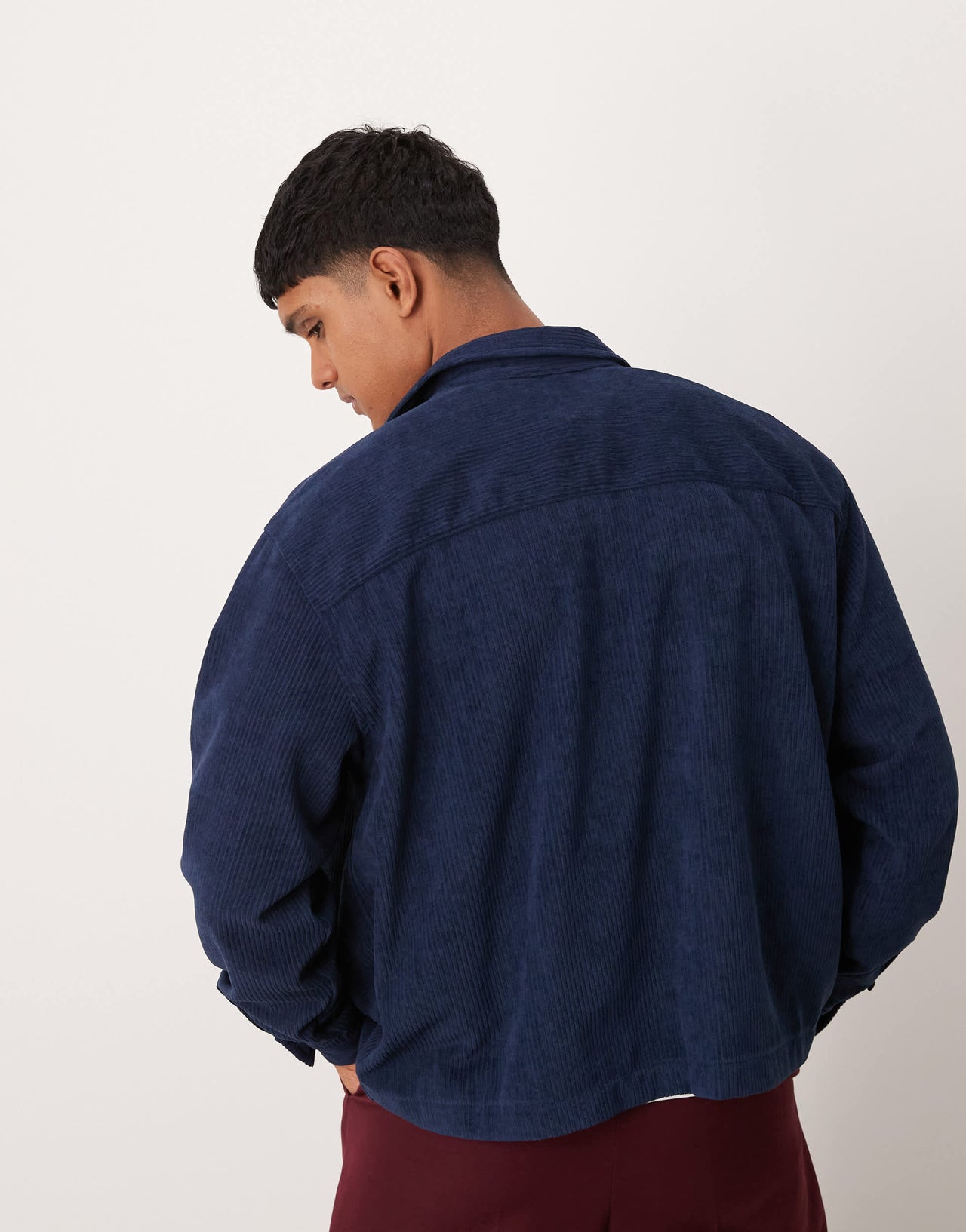 ASOS DESIGN oversized boxy cord shirt with embroidery in navy