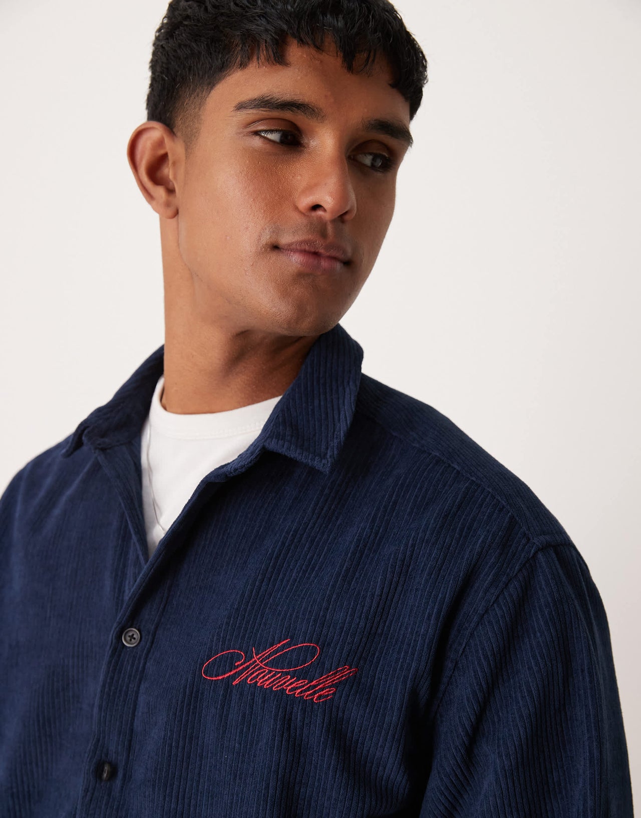 ASOS DESIGN oversized boxy cord shirt with embroidery in navy