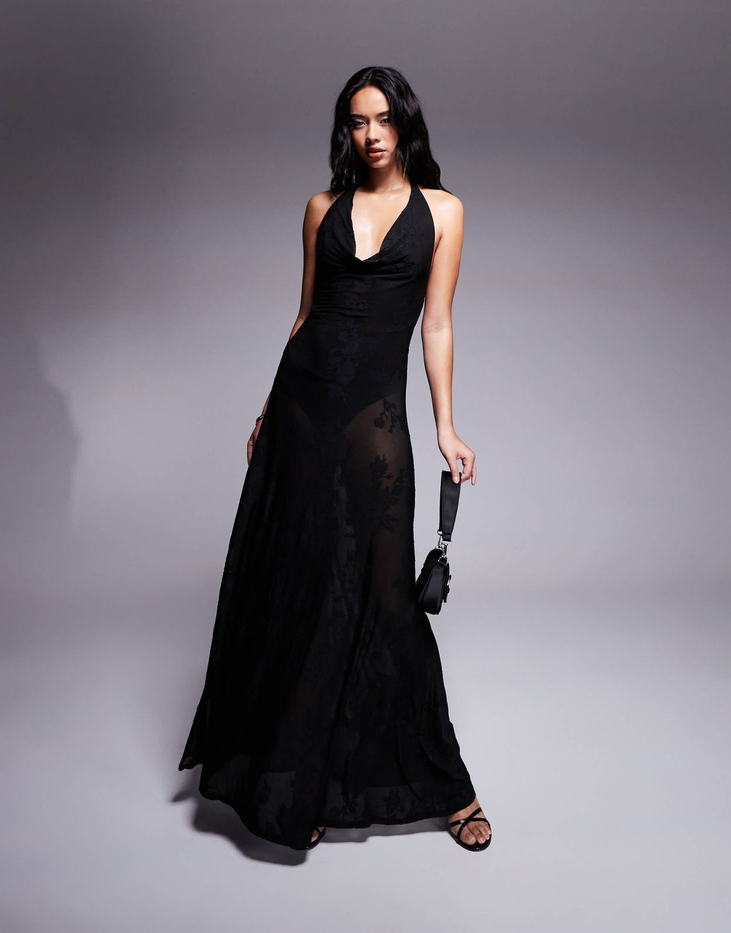 ASOS DESIGN devore halter maxi dress with cowl neck and bodysuit in black