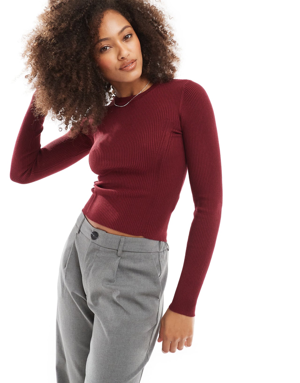 Pull&Bear seam detail ribbed knit top in burgundy