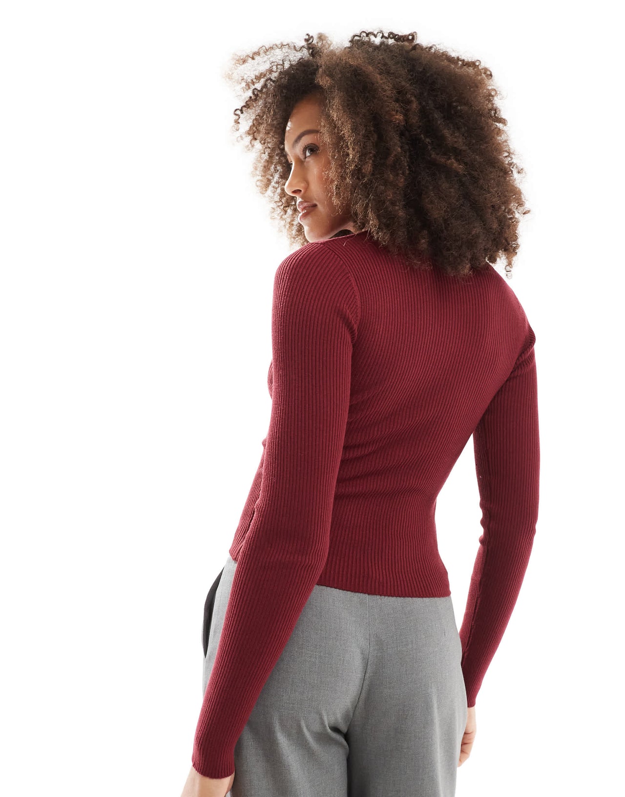 Pull&Bear seam detail ribbed knit top in burgundy
