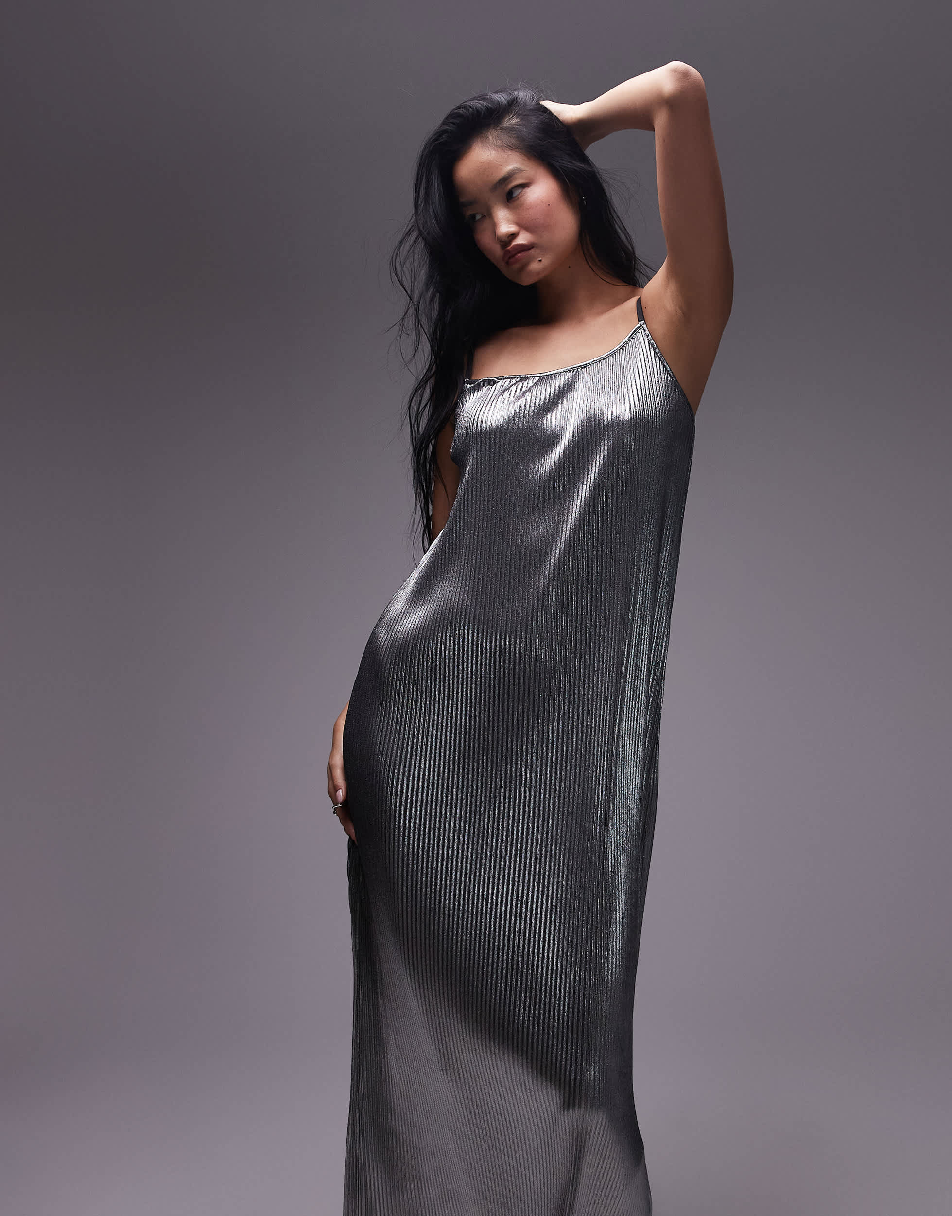 Topshop spaghetti strap silver plisse cami maxi dress