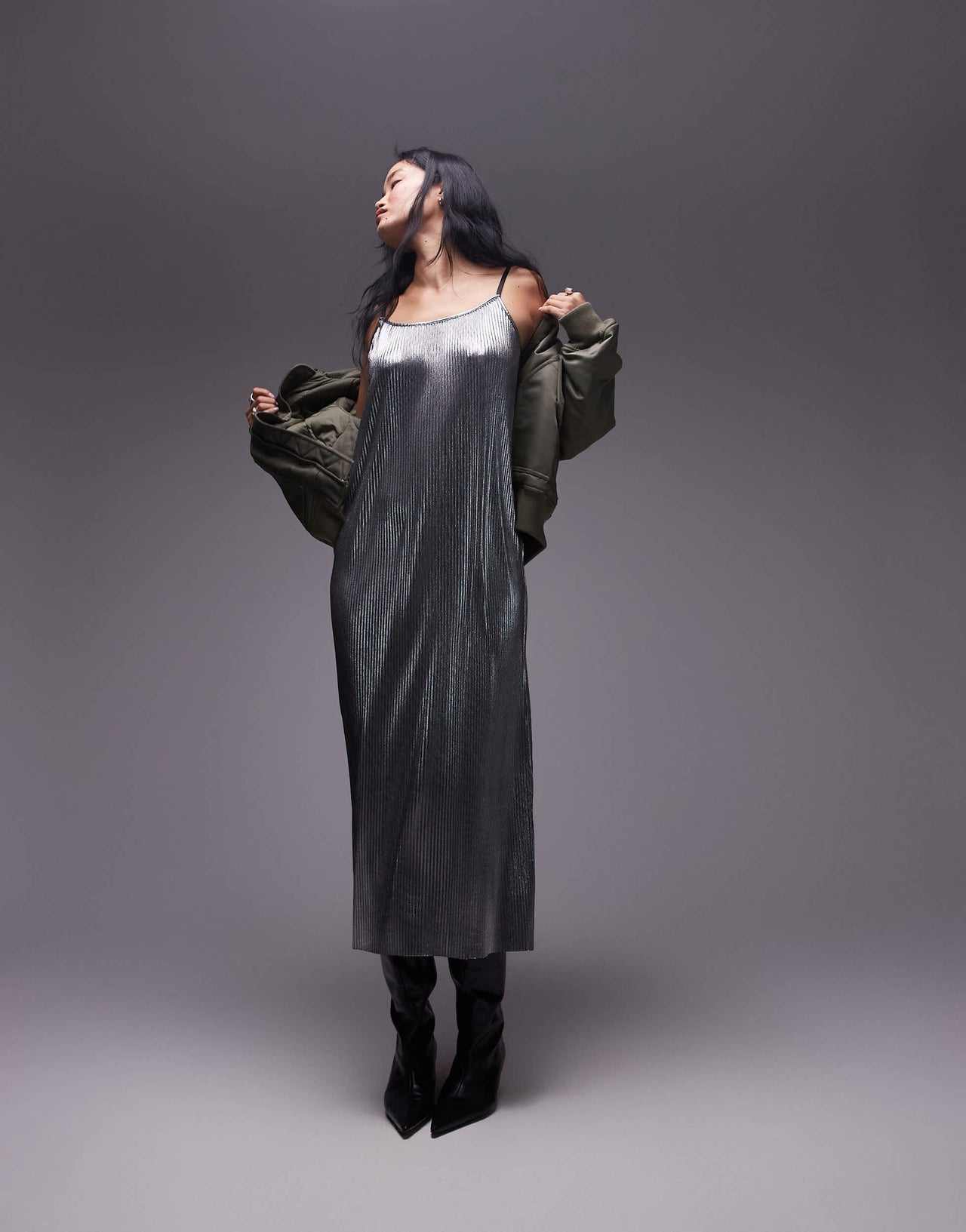 Topshop spaghetti strap silver plisse cami maxi dress