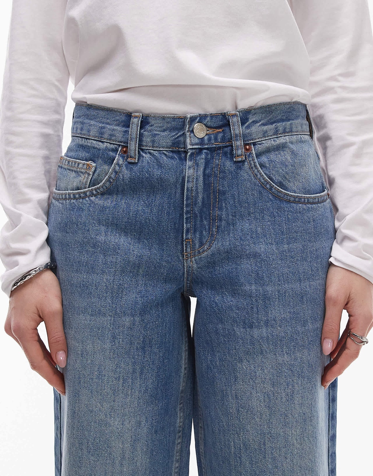 Topshop Petite Cinch low rise relaxed jean in vintage blue