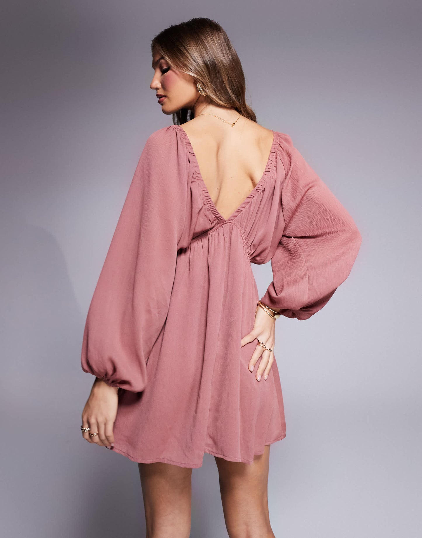 Love Triangle plunge neck mini boho dress in plum