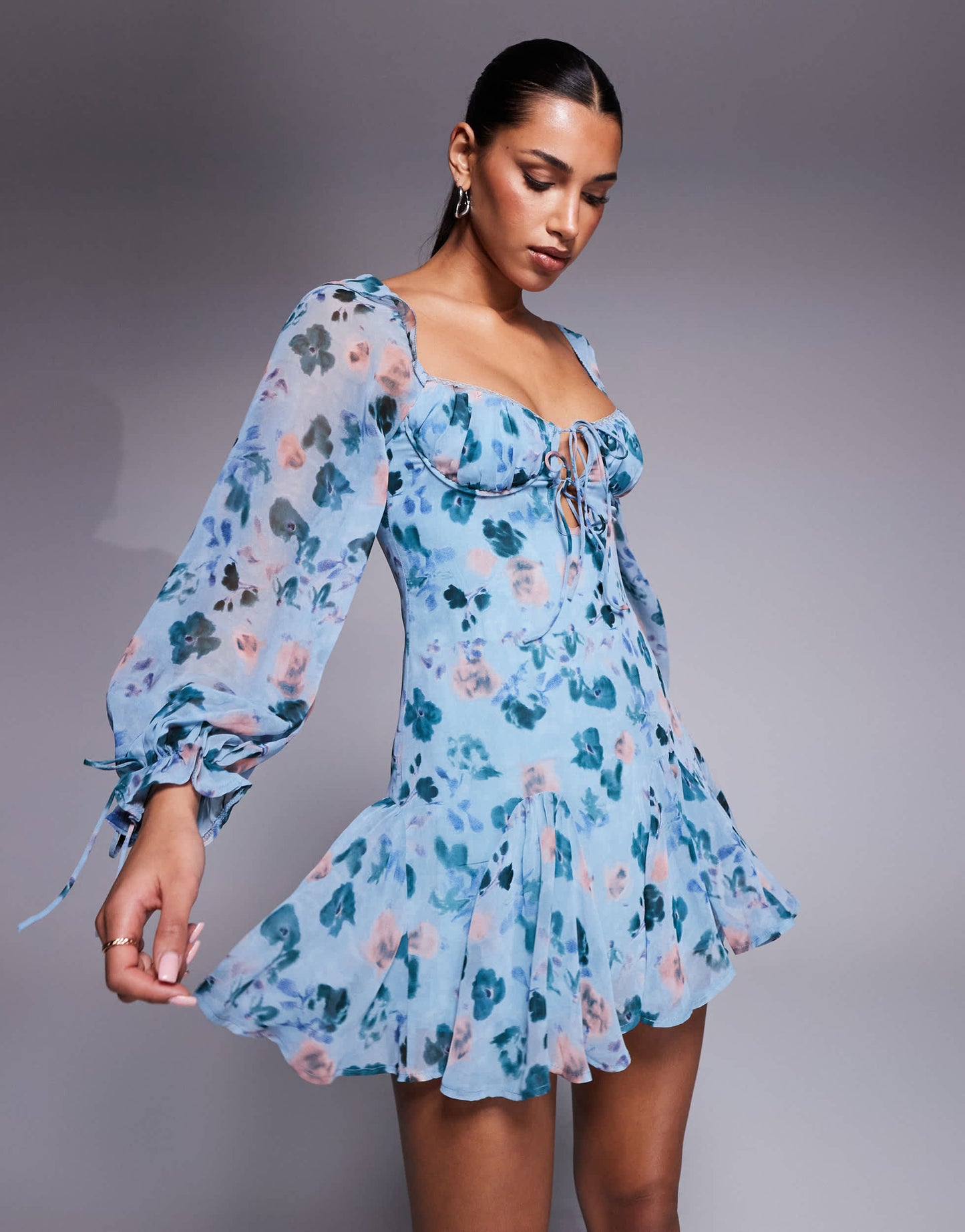 Love Triangle milkmaid mini dress with tie detail in blue floral