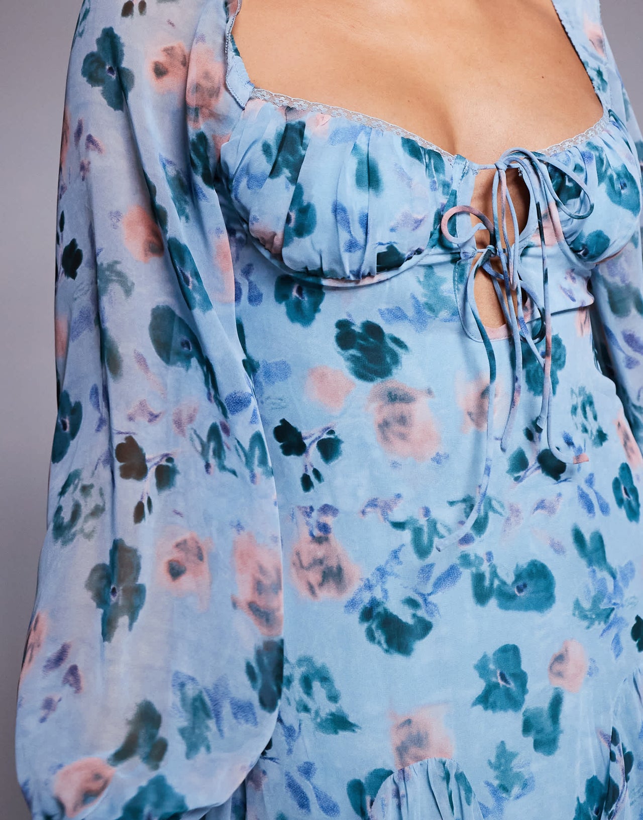 Love Triangle milkmaid mini dress with tie detail in blue floral