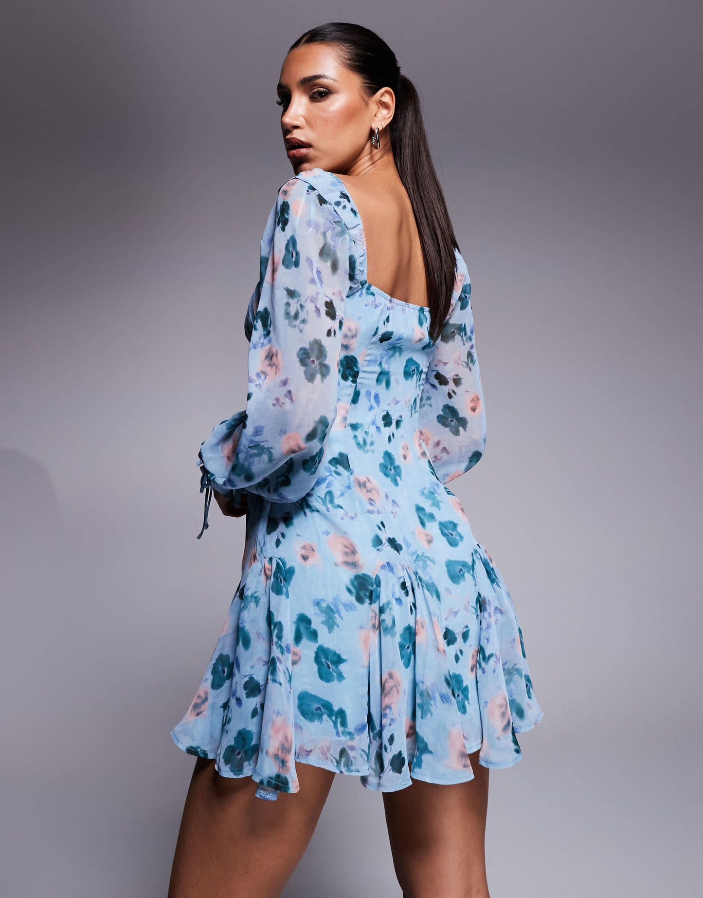 Love Triangle milkmaid mini dress with tie detail in blue floral