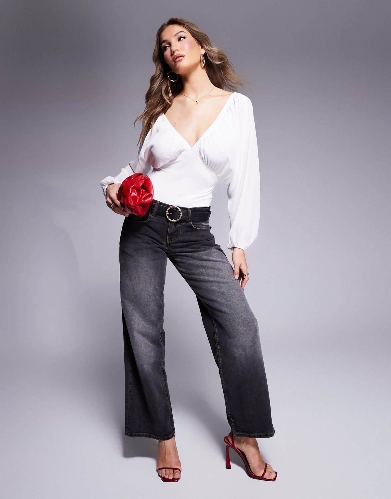 Love Triangle plunge neck balloon sleeve bodysuit in cream