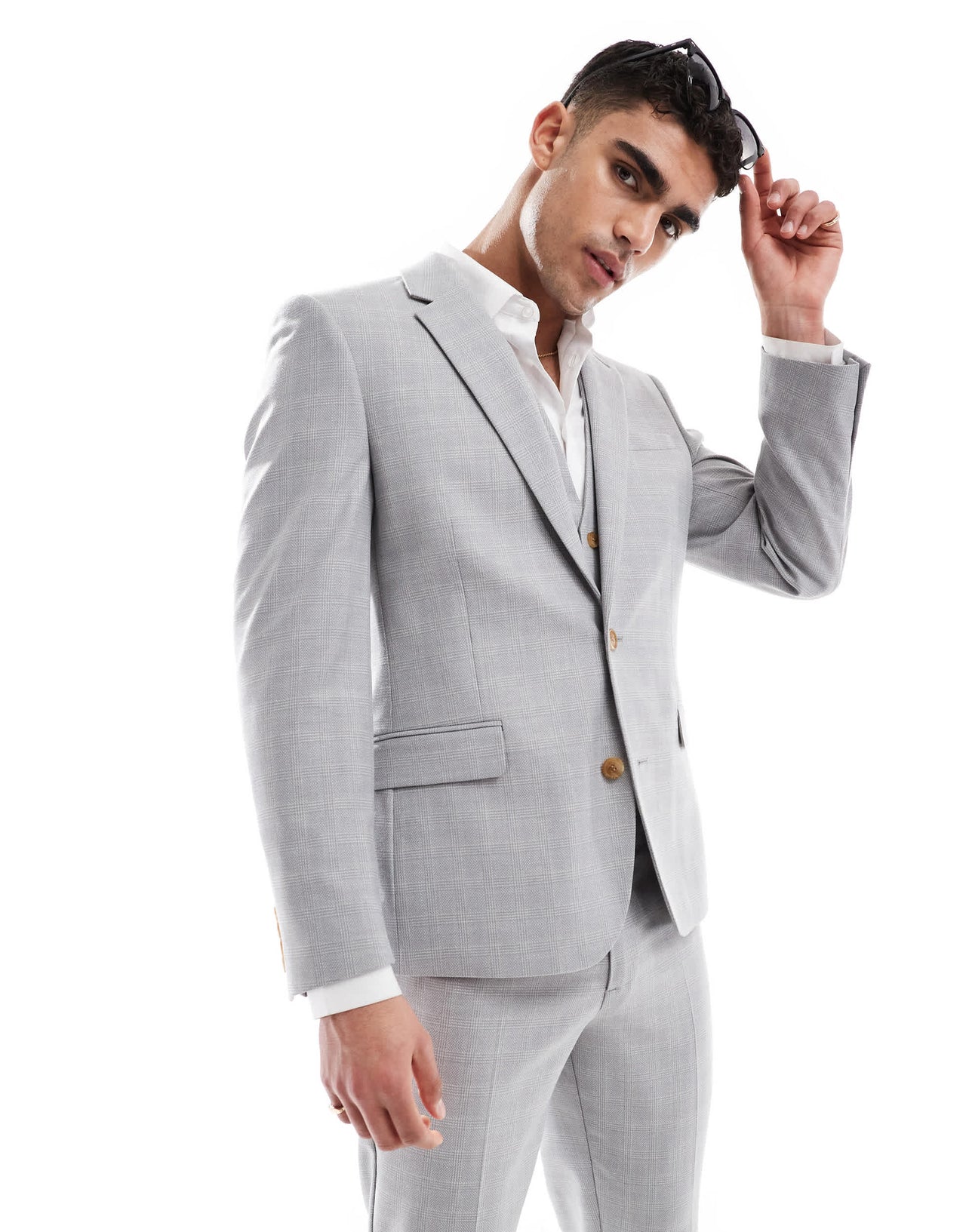 ASOS DESIGN linen blend skinny suit jacket in grey tonal check
