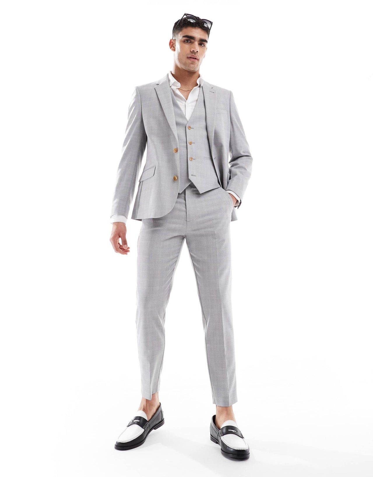 ASOS DESIGN linen blend skinny suit jacket in grey tonal check