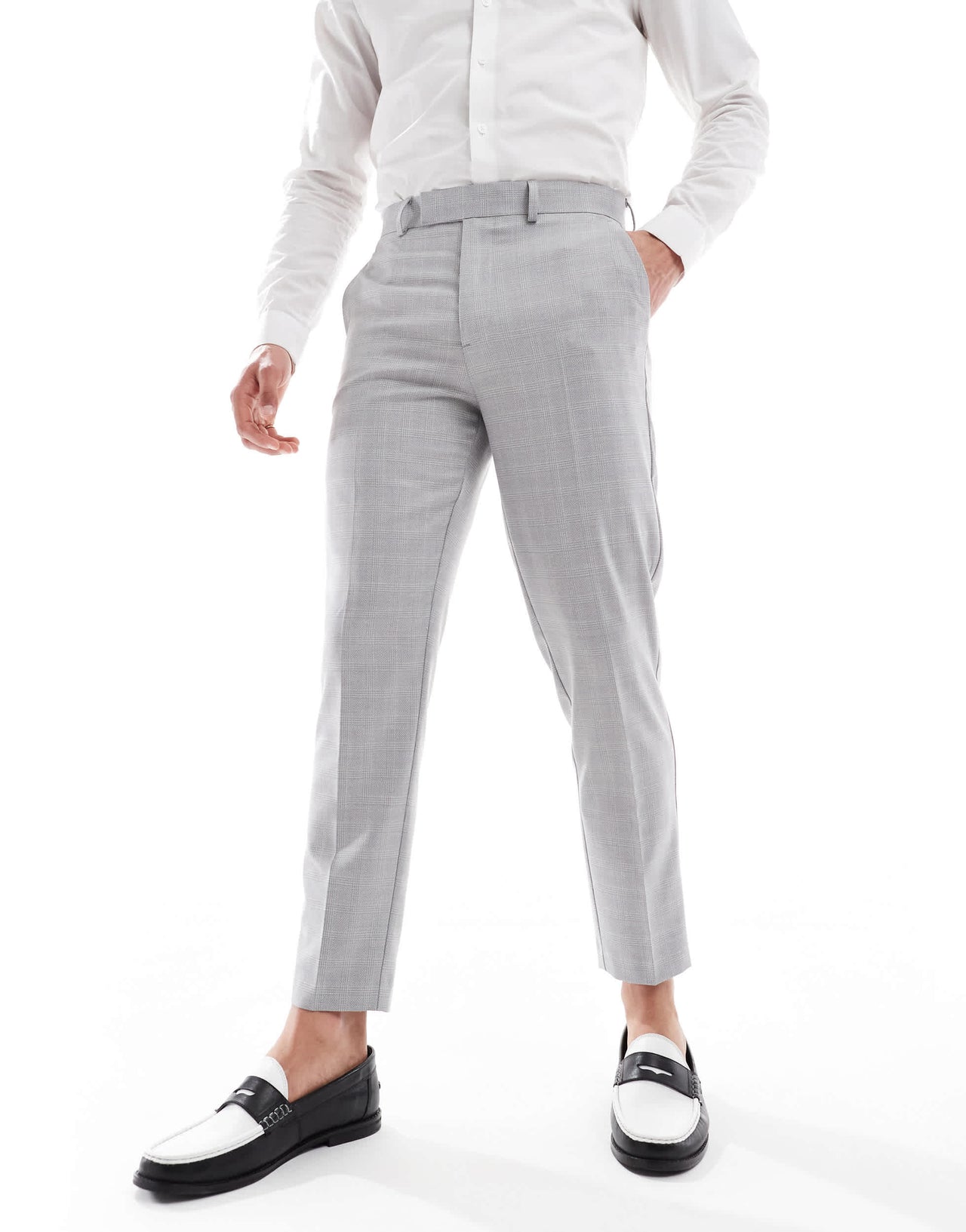 ASOS DESIGN linen blend tapered suit trousers in grey tonal check