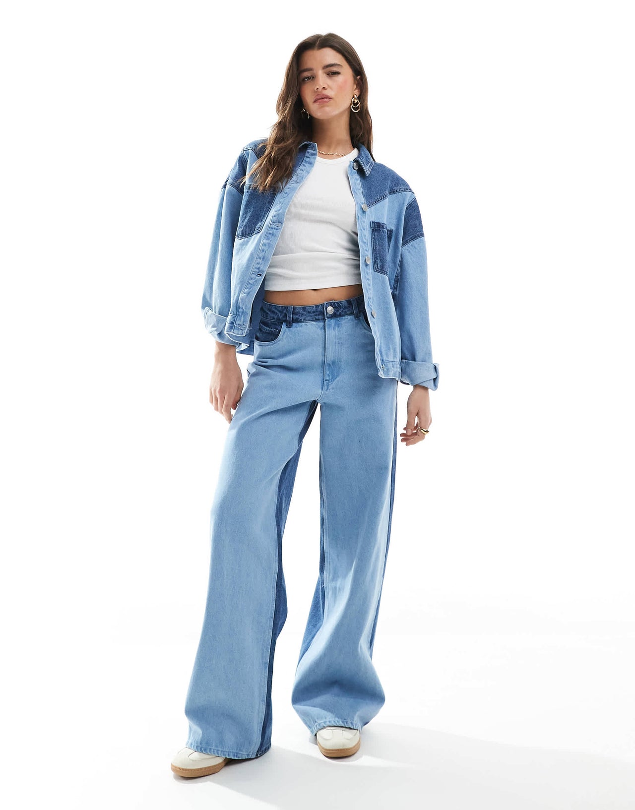 Pieces wide leg western detail jeans co-ord in light blue wash