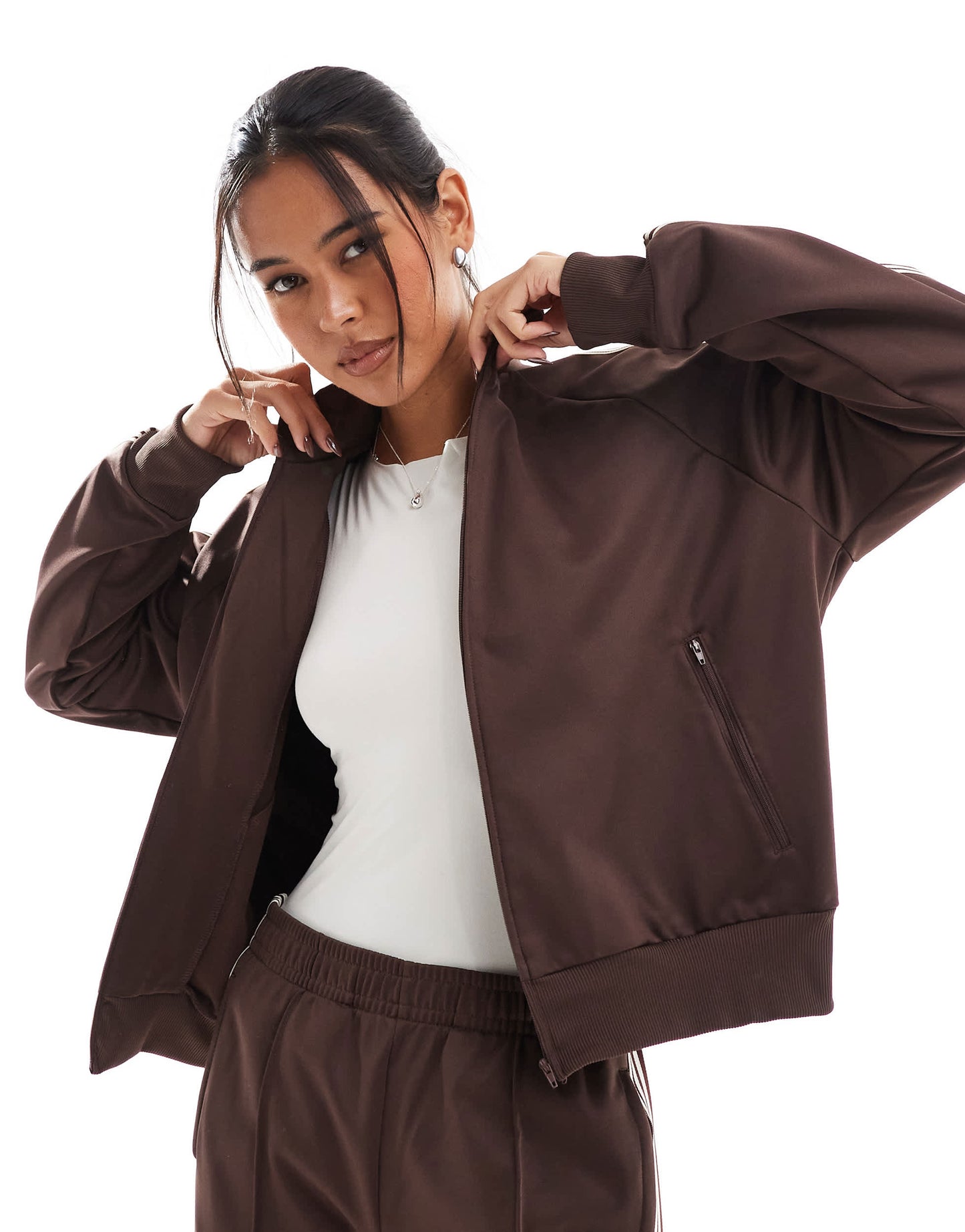 Pull&Bear contrast stripe track top co-ord in brown