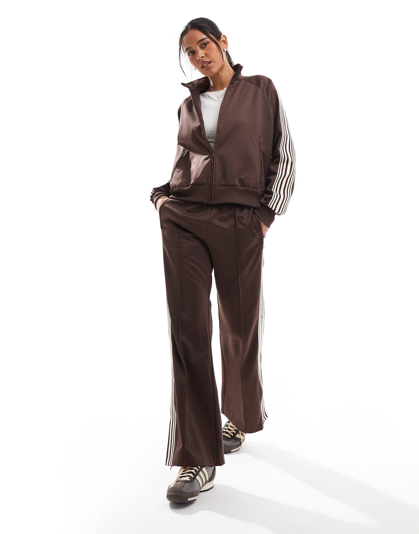 Pull&Bear contrast stripe track top co-ord in brown