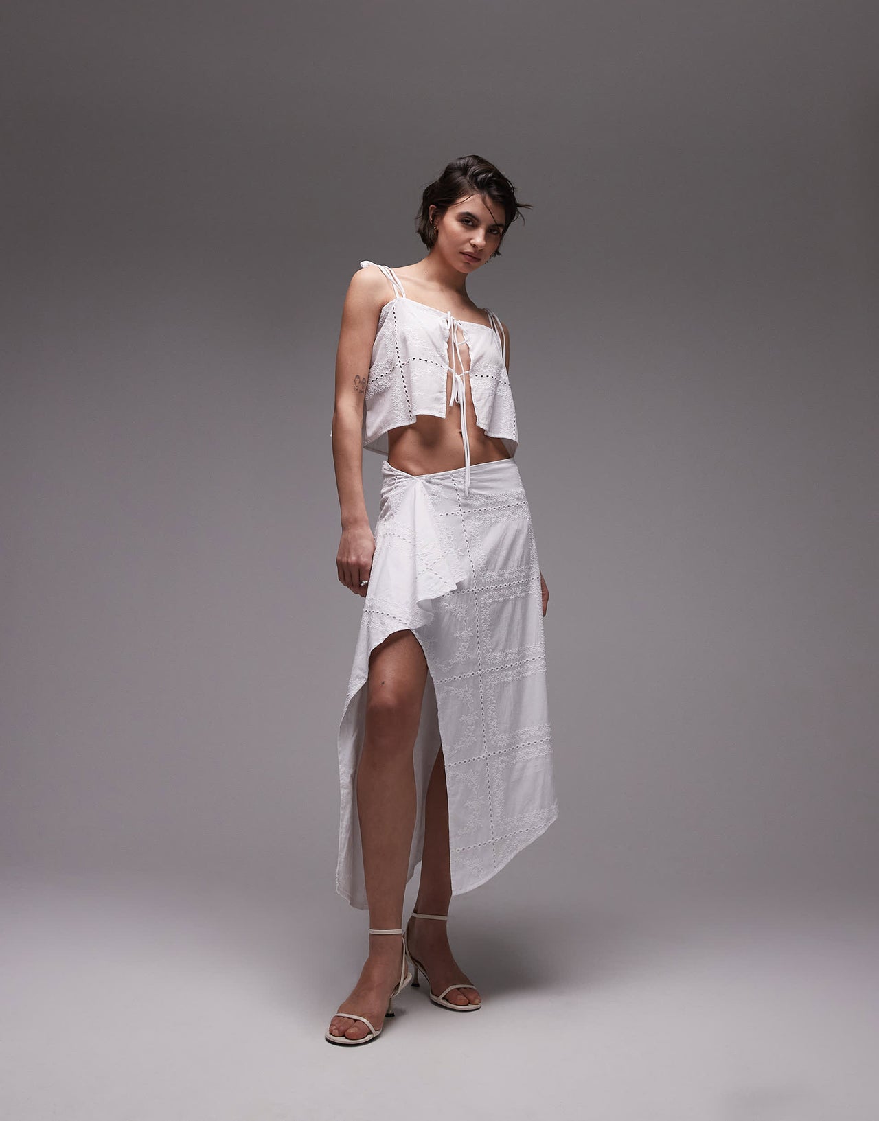 SNDYS cotton embroidered square neck cami tie front floaty top co-ord in white