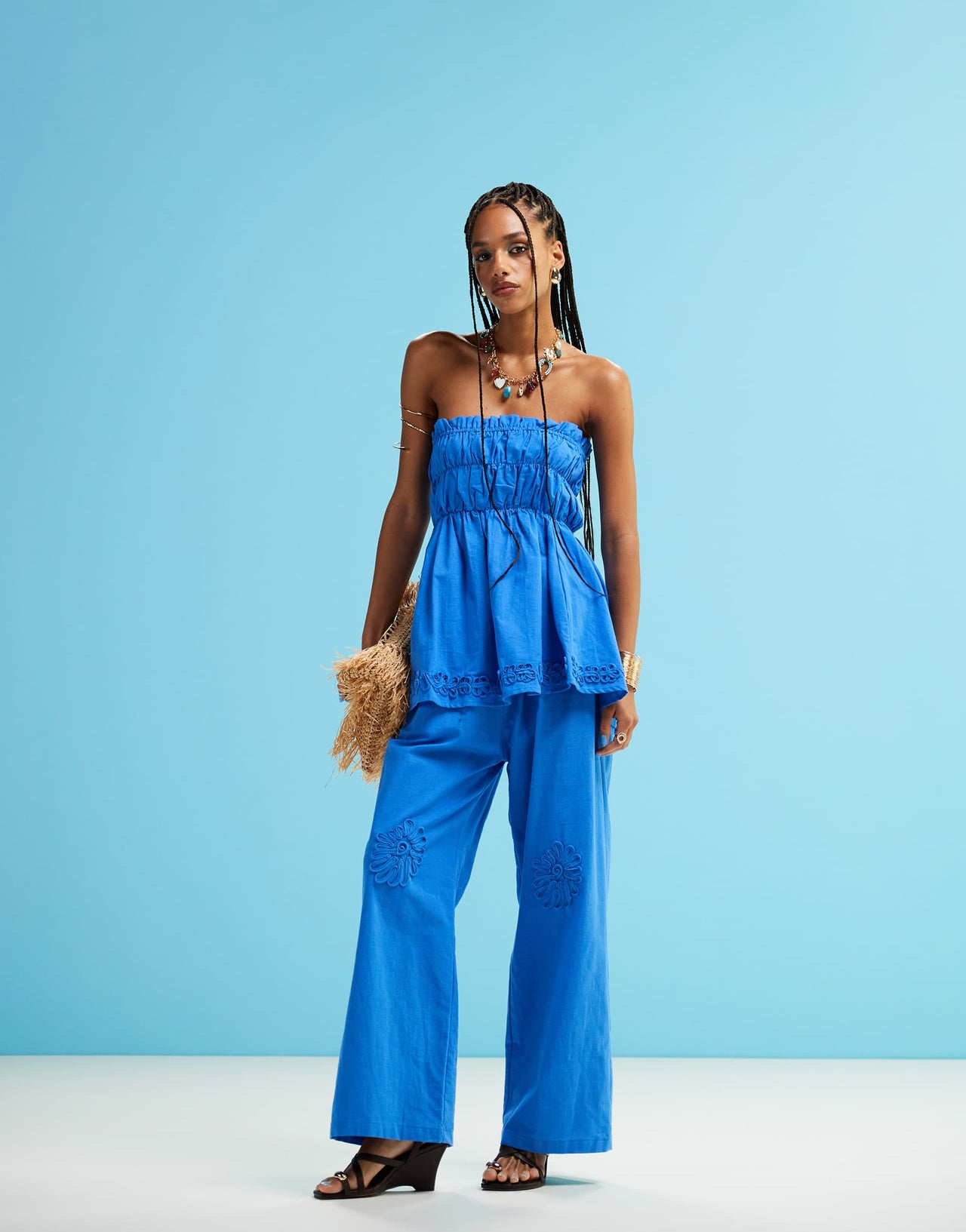 SNDYS linen blend poplin ruched bandeau longline flower applique top in bright blue