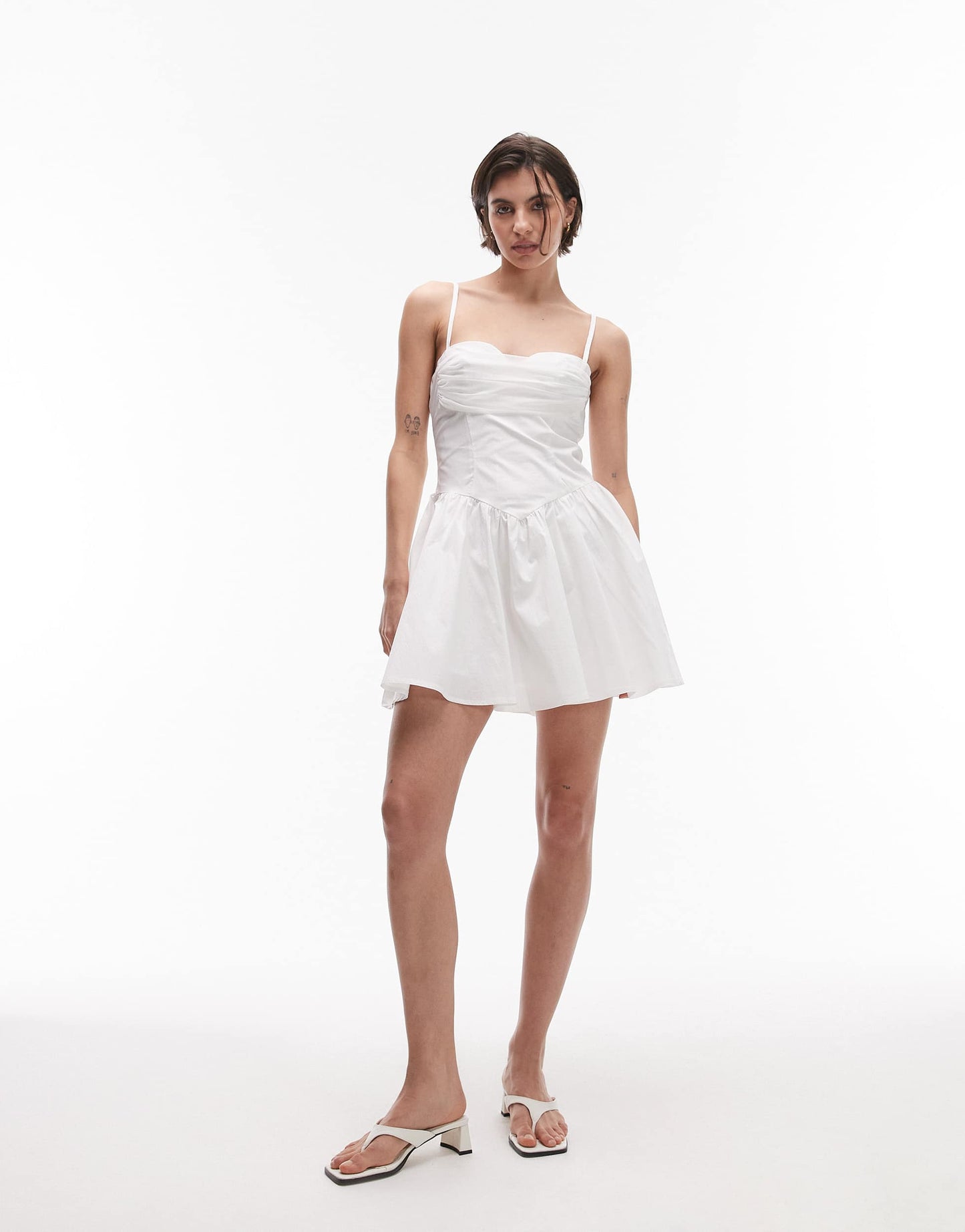 SNDYS strappy poplin drape mesh bust sweetheart neck mini dress in white