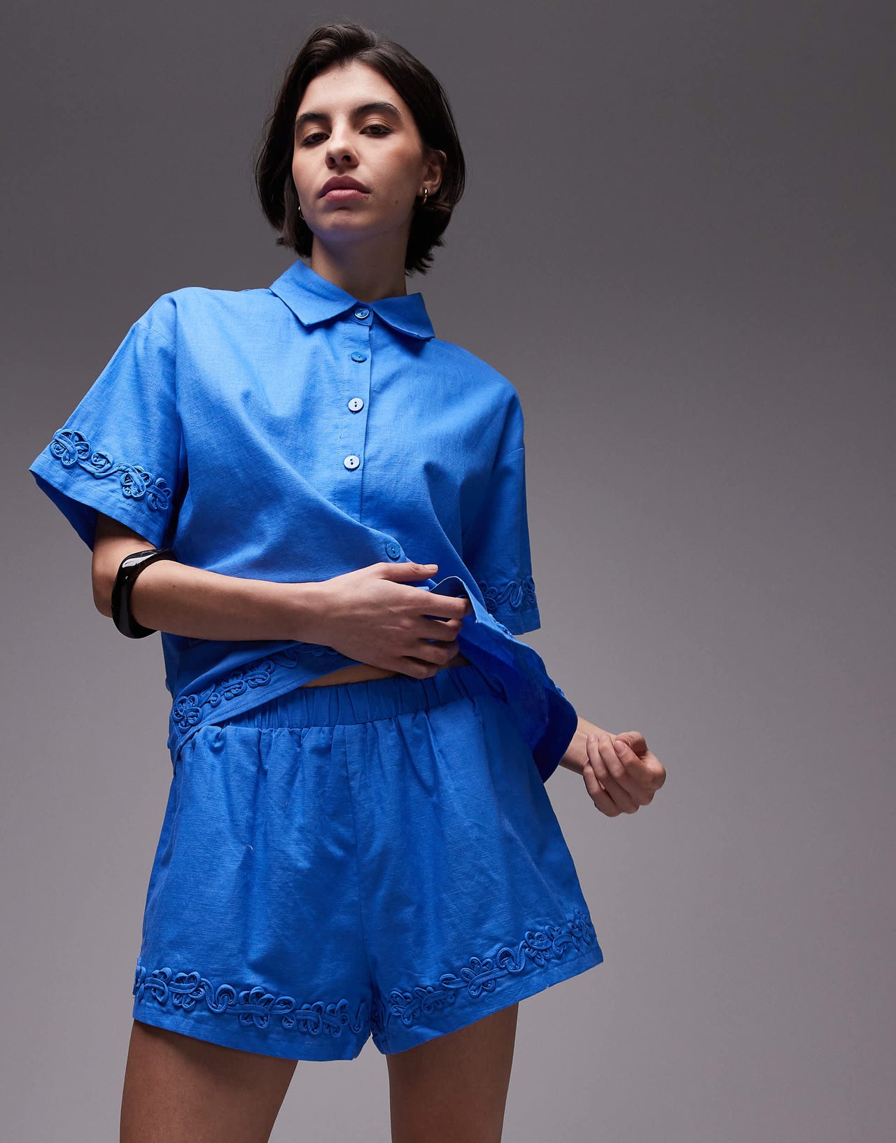 SNDYS linen blend flower applique detail shorts co-ord in bright blue