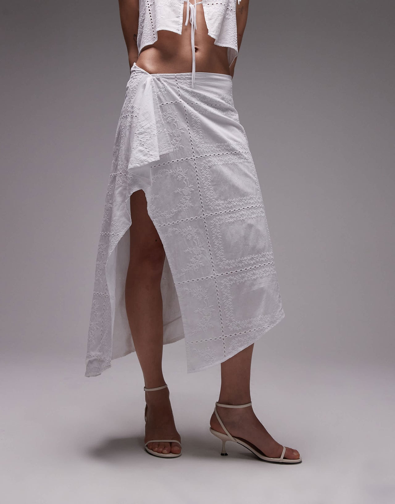 SNDYS cotton embroidered drape detail midaxi skirt co-ord in white