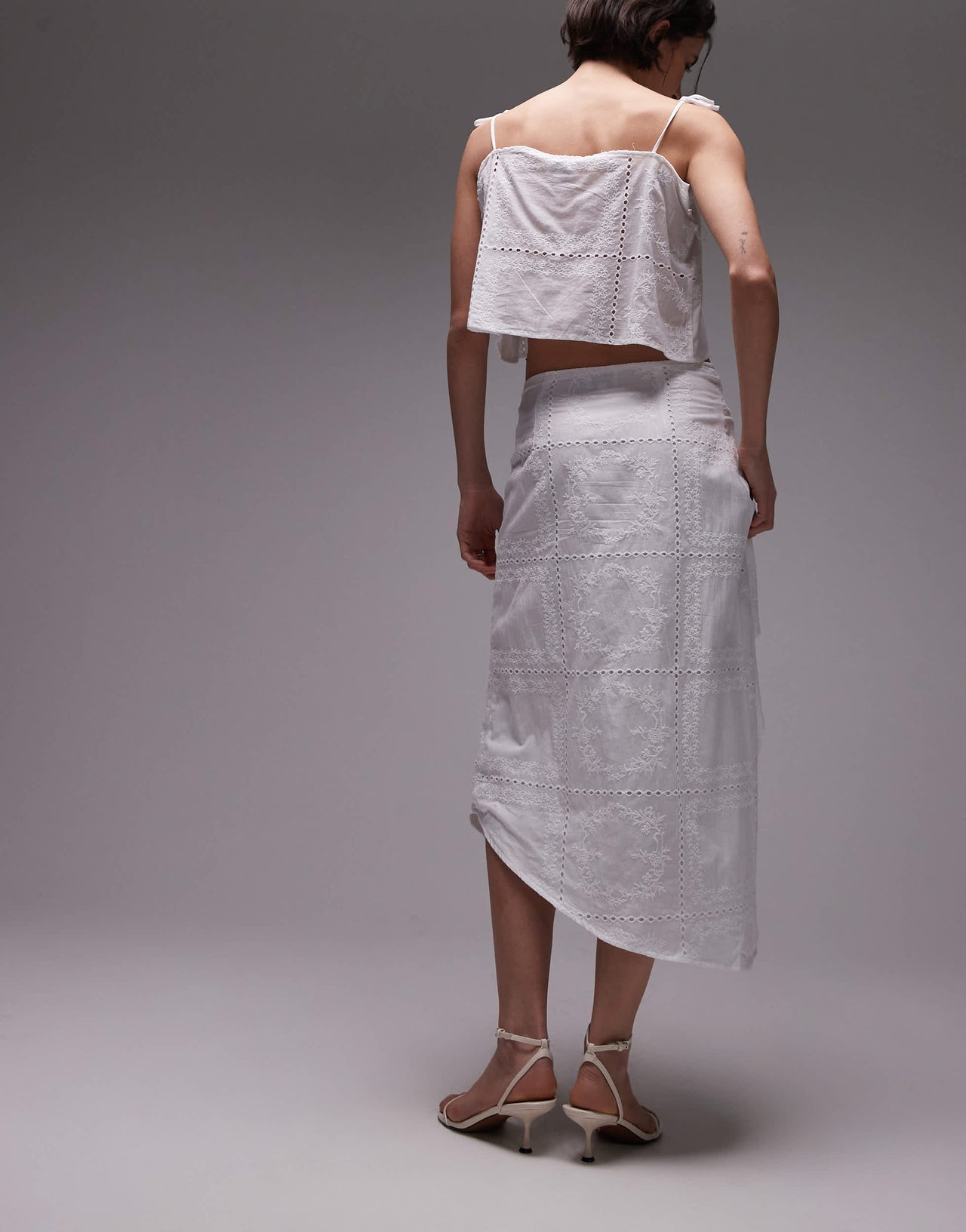 SNDYS cotton embroidered drape detail midaxi skirt co-ord in white