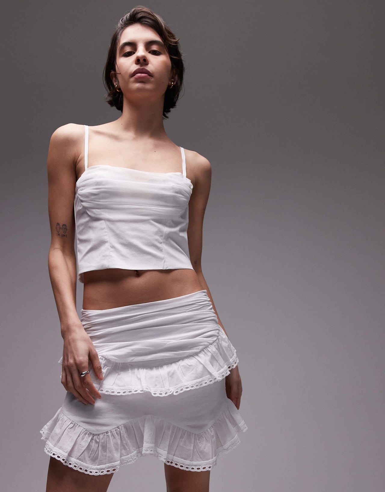 SNDYS ruffle broderie trim mini skirt in white