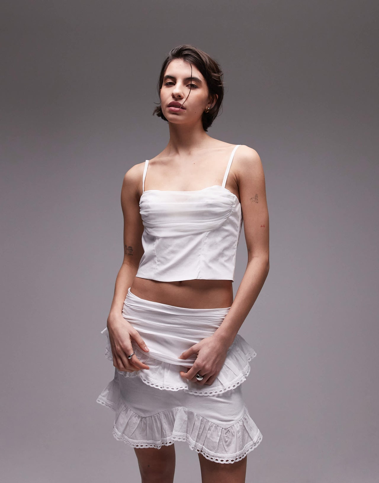 SNDYS strappy poplin ruched mesh bust sweetheart neck top in white