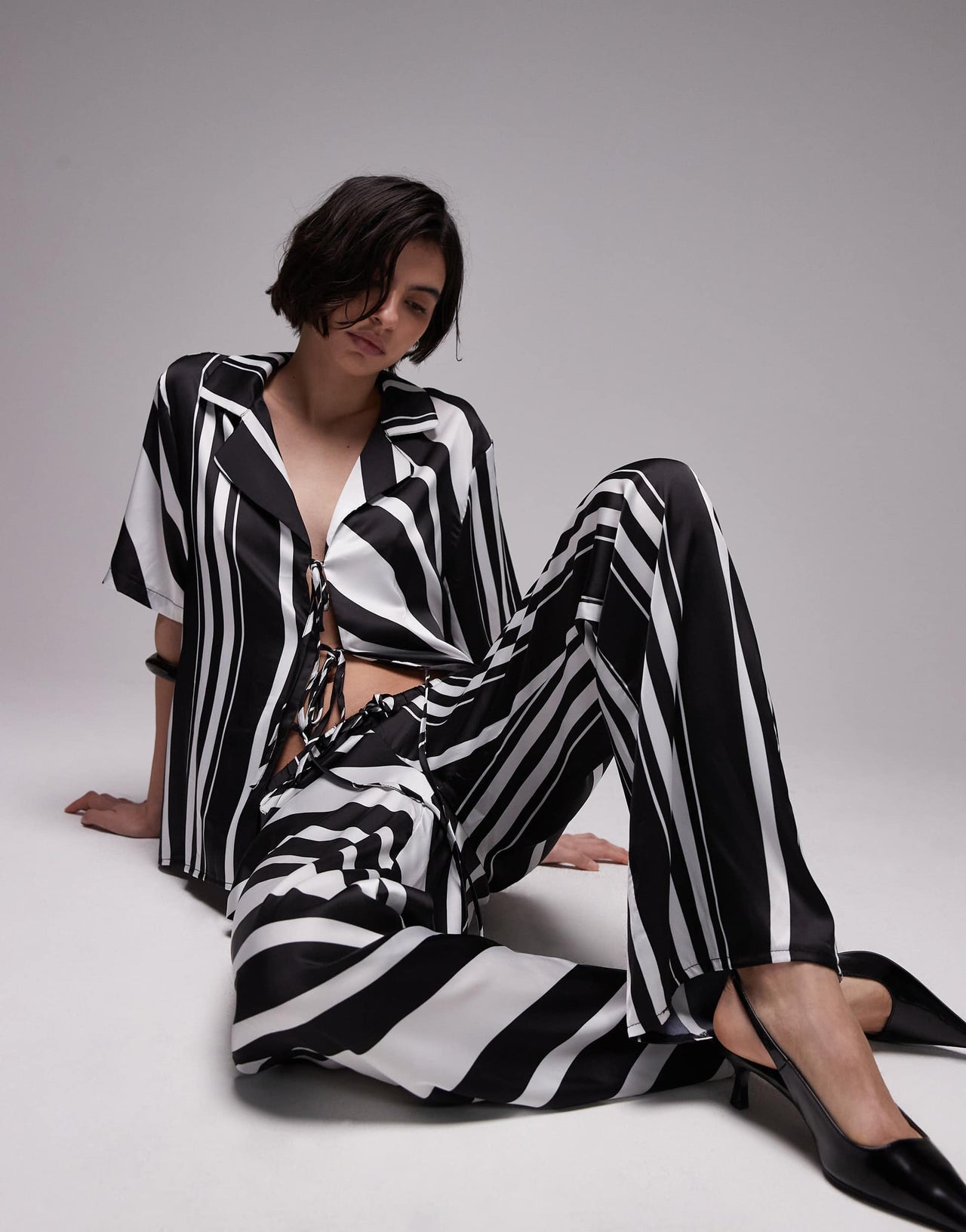 SNDYS tie front collared short sleeve shirt co-ord in mono stripe