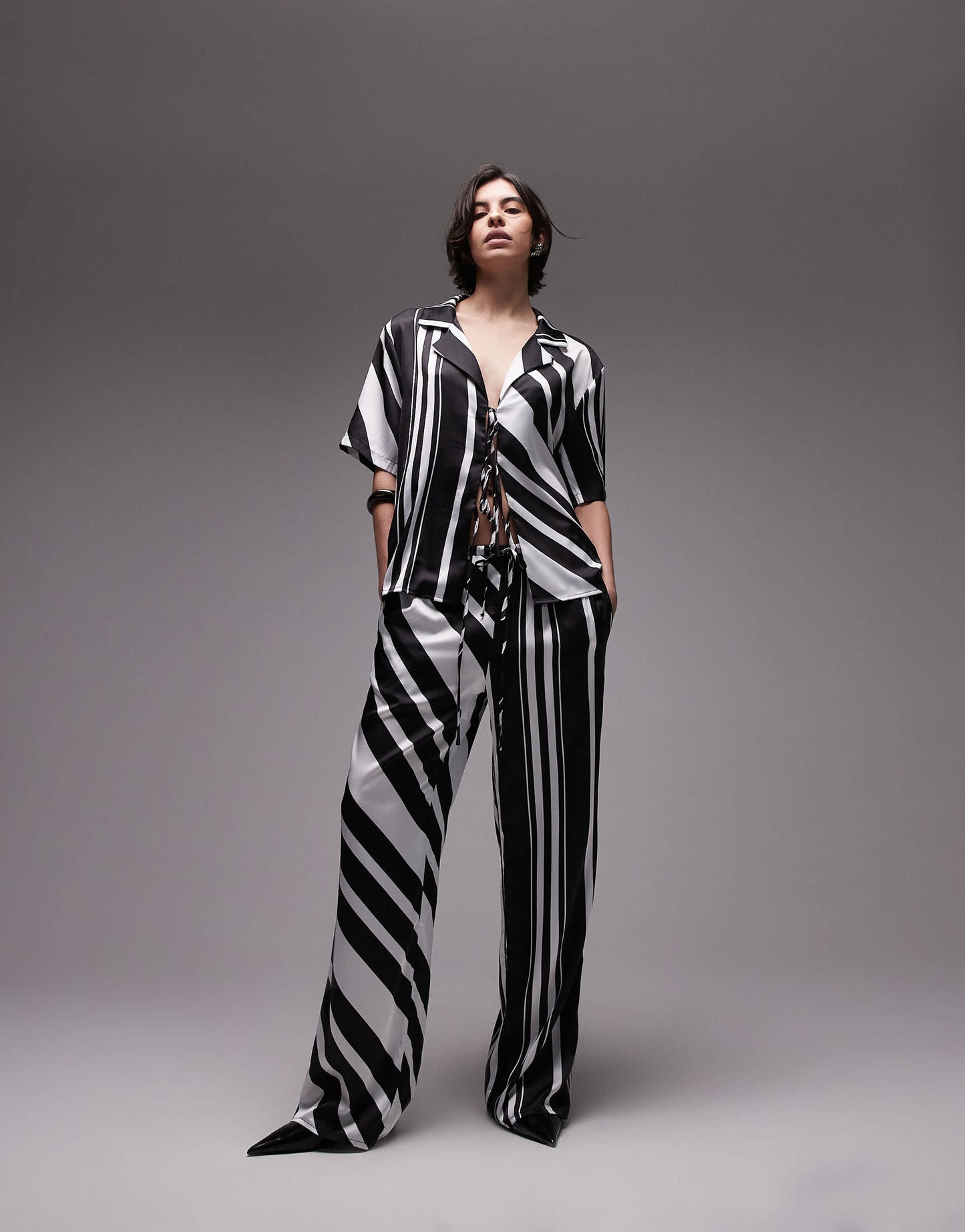 SNDYS tie front collared short sleeve shirt co-ord in mono stripe