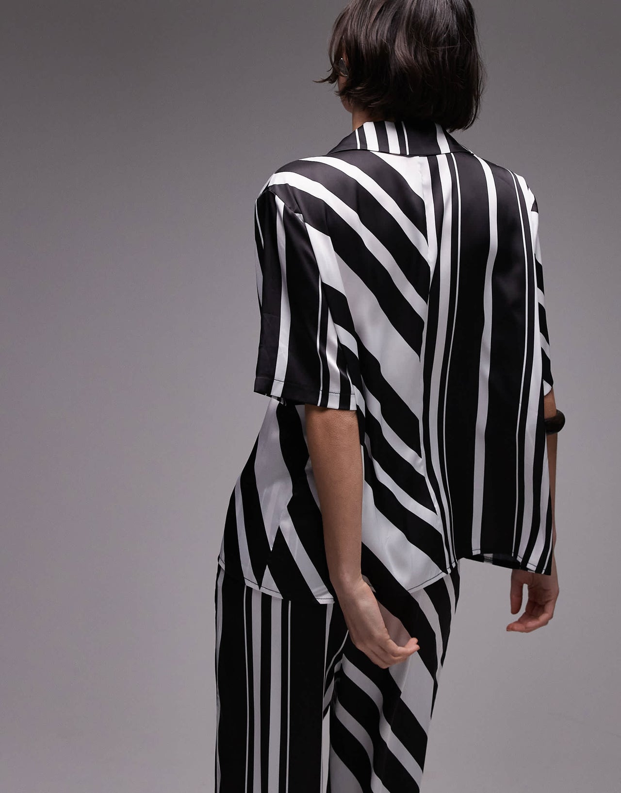 SNDYS tie front collared short sleeve shirt co-ord in mono stripe