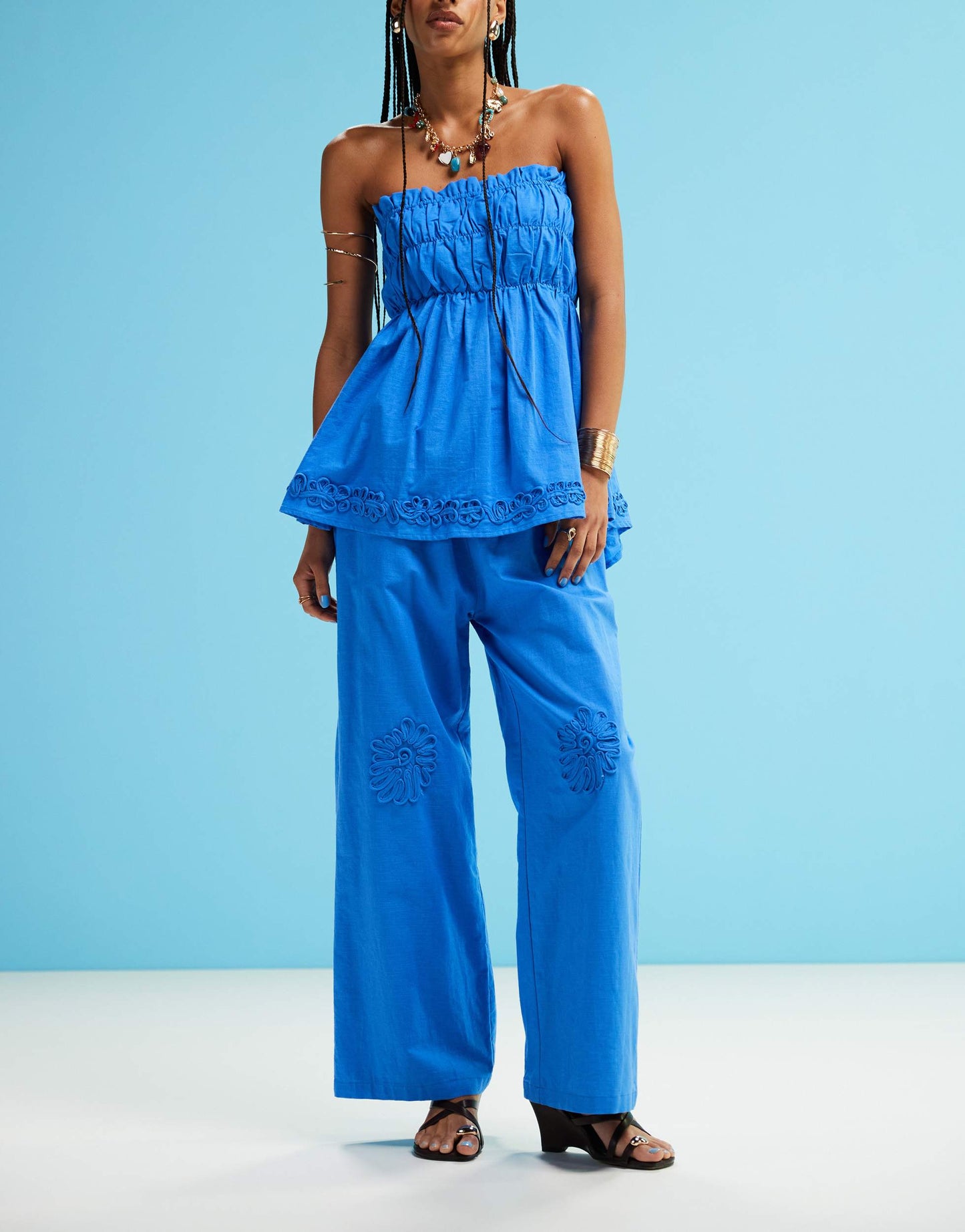 SNDYS linen blend poplin flower applique wide leg trousers in bright blue