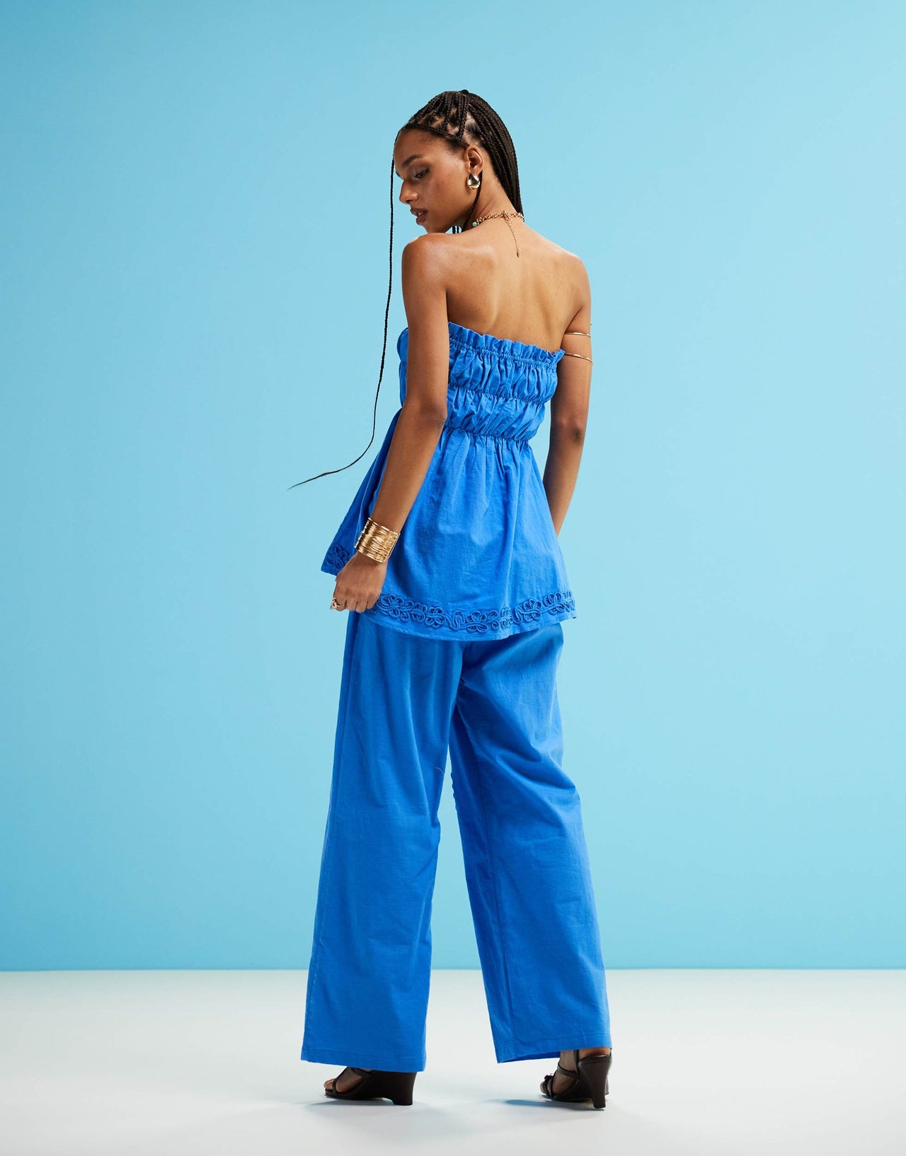 SNDYS linen blend poplin flower applique wide leg trousers in bright blue