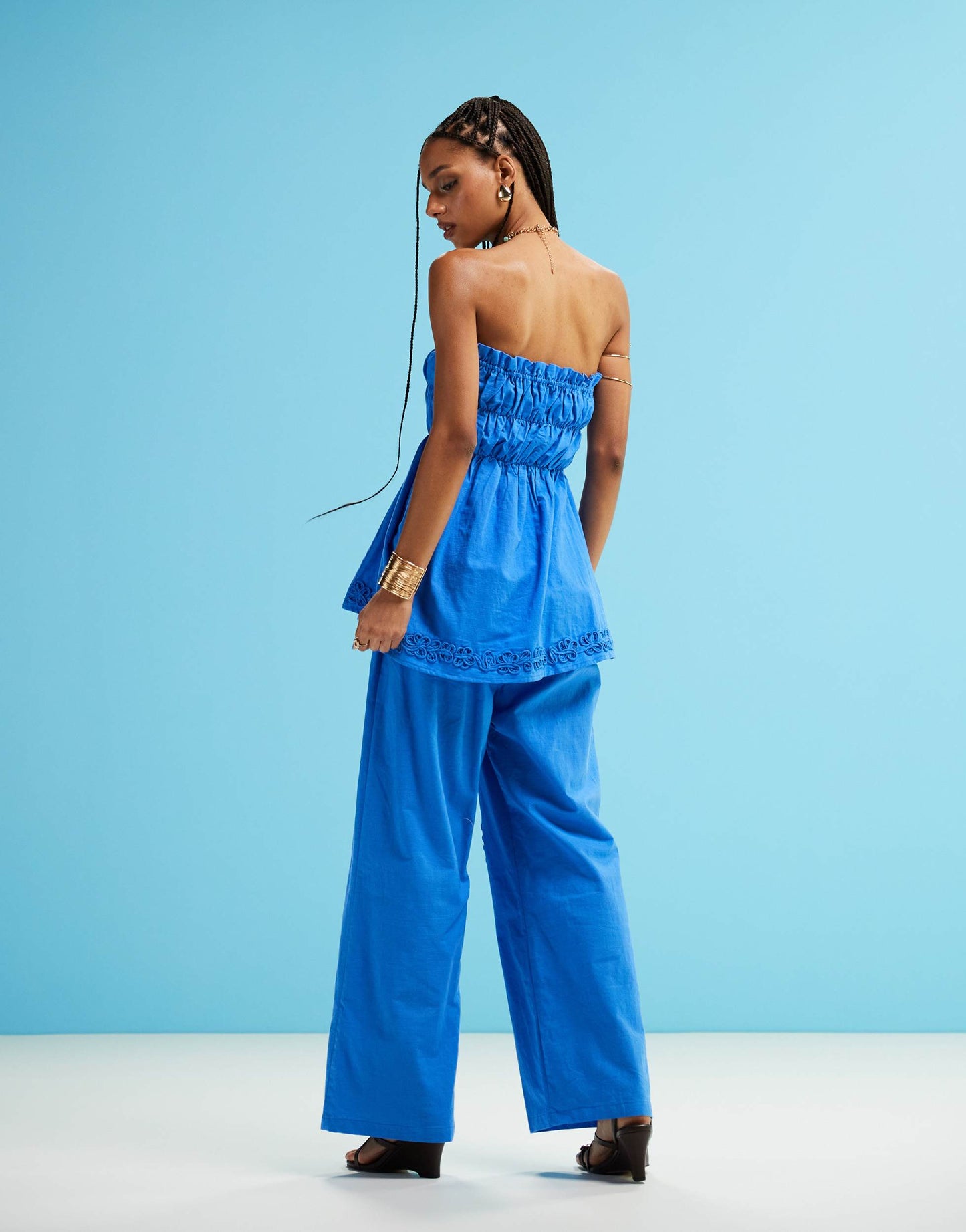 SNDYS linen blend poplin flower applique wide leg trousers in bright blue