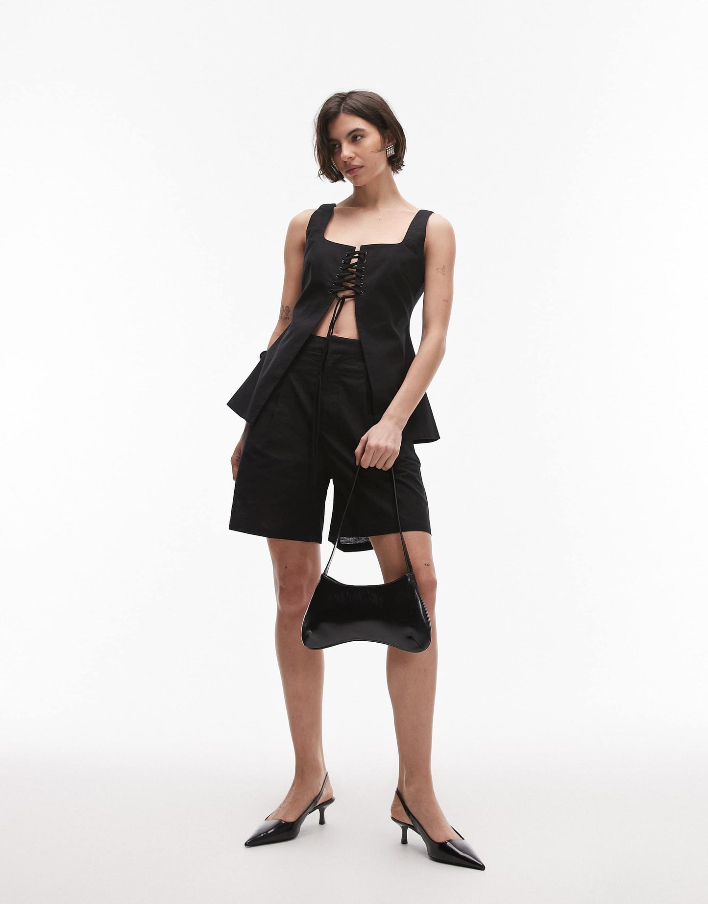 SNDYS linen blend longline shorts co-ord in black