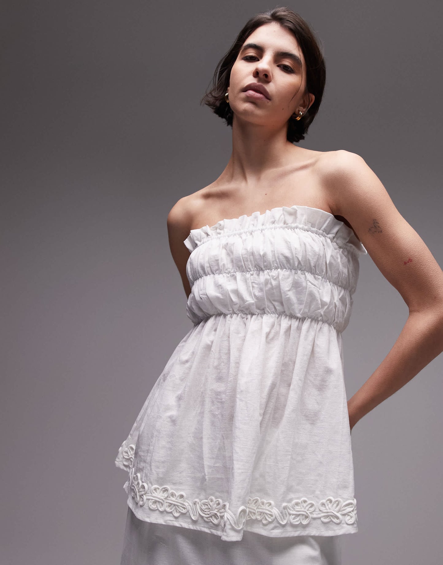 SNDYS linen blend ruched bandeau longline flower applique top co-ord in white