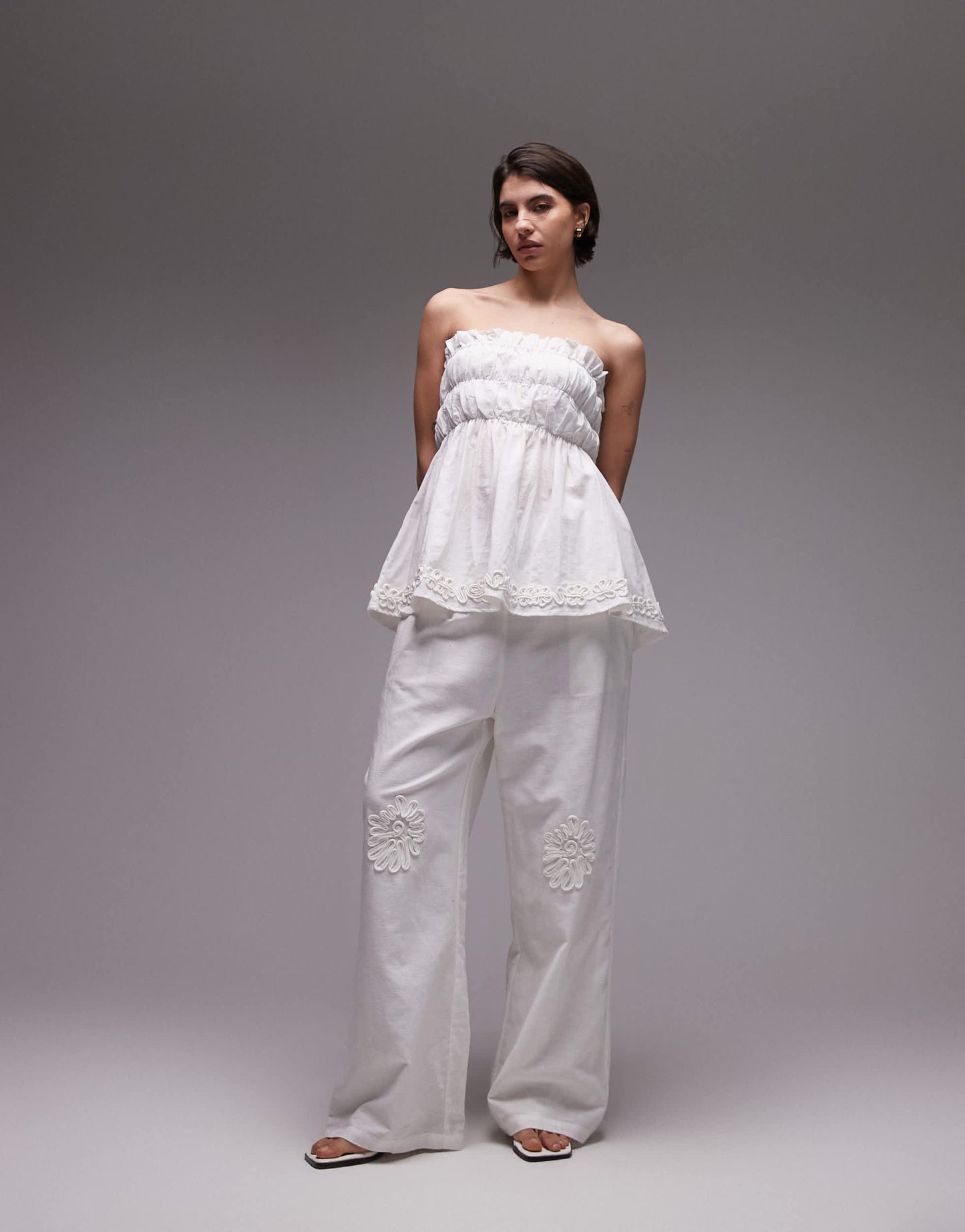 SNDYS linen blend ruched bandeau longline flower applique top co-ord in white