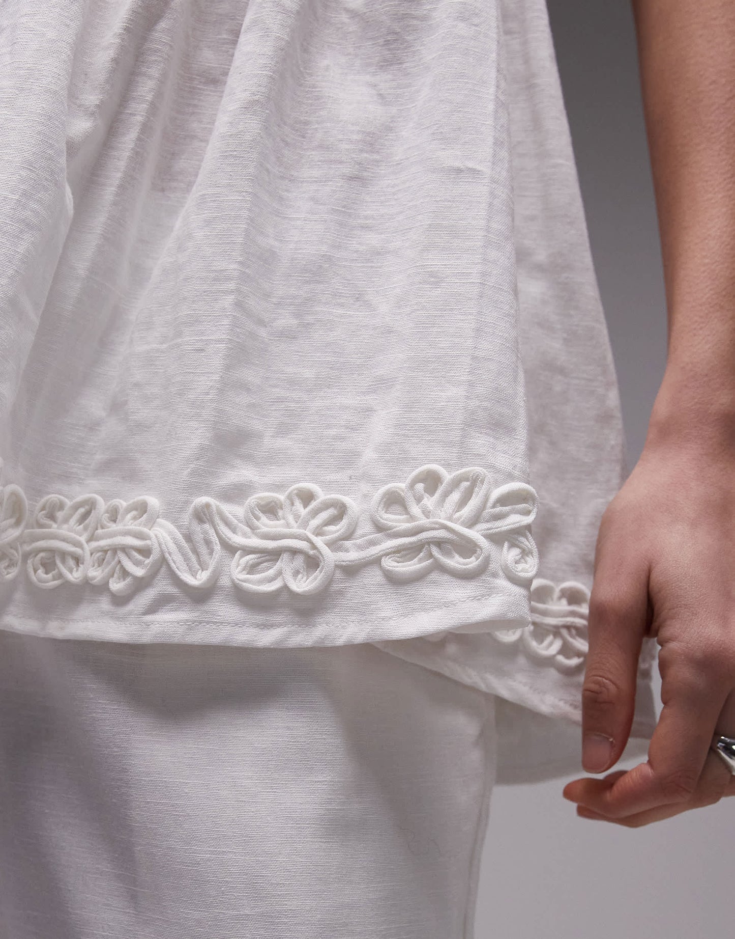 SNDYS linen blend ruched bandeau longline flower applique top co-ord in white