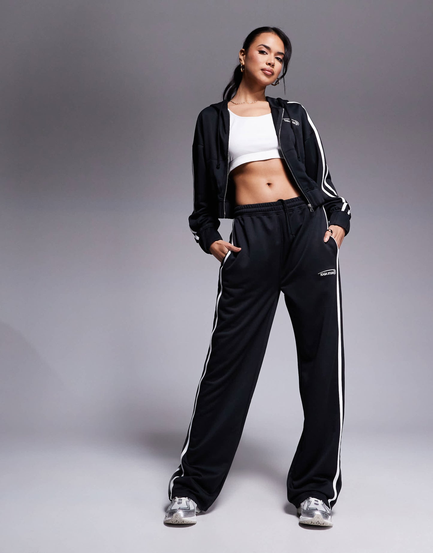 Kaiia cotton blend Studio cropped side stripe zip up hoodie co-ord in black