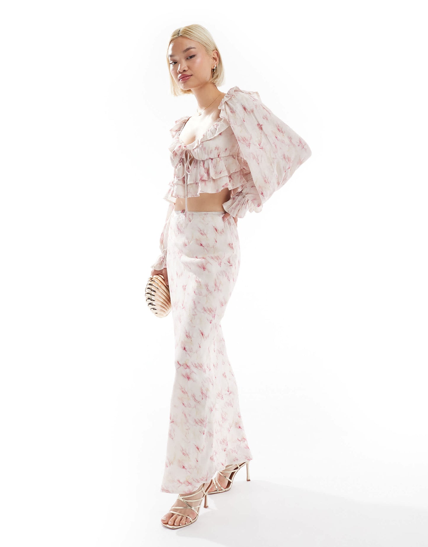 Love Triangle crinkle maxi skirt co-ord in blur print
