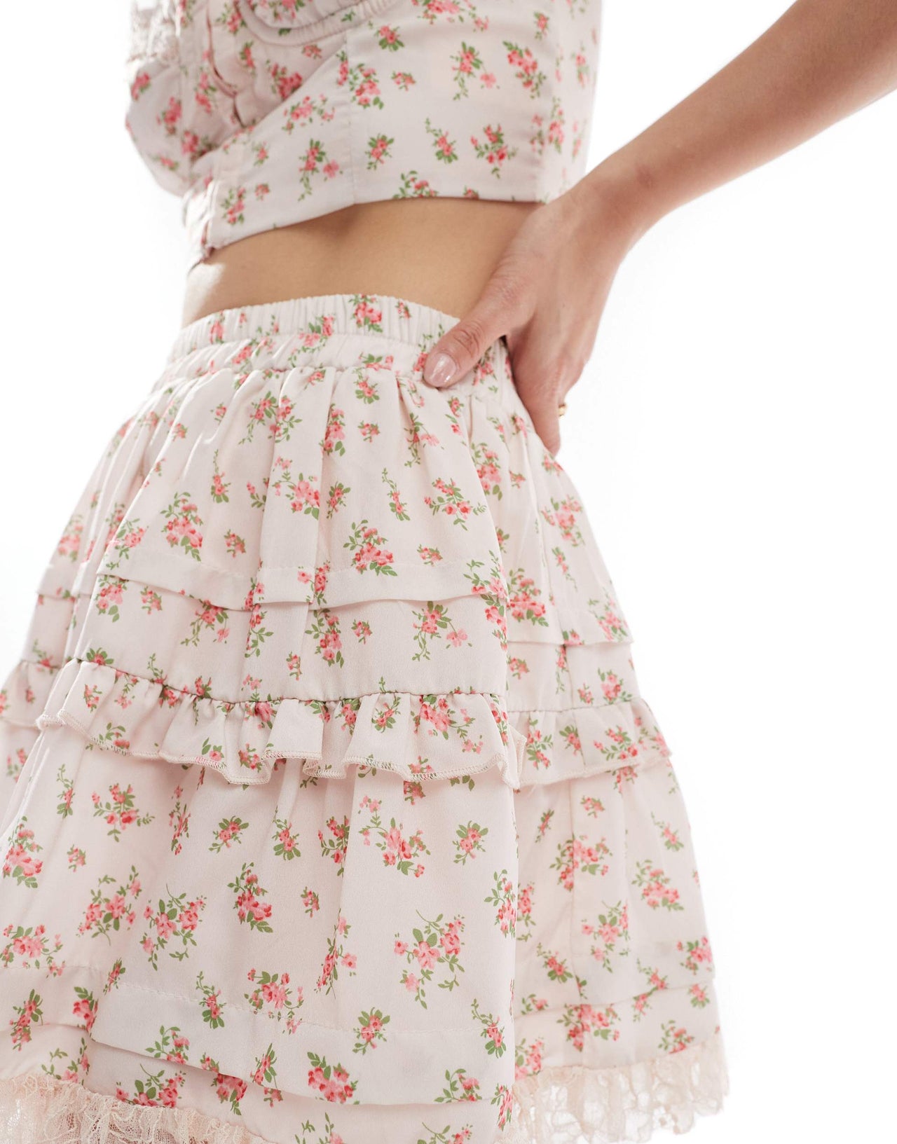 Love Triangle lace trim mini skirt co-ord in pink floral