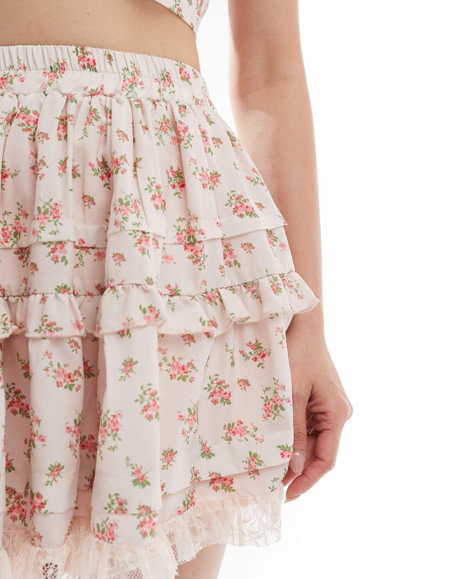 Love Triangle lace trim mini skirt co-ord in pink floral