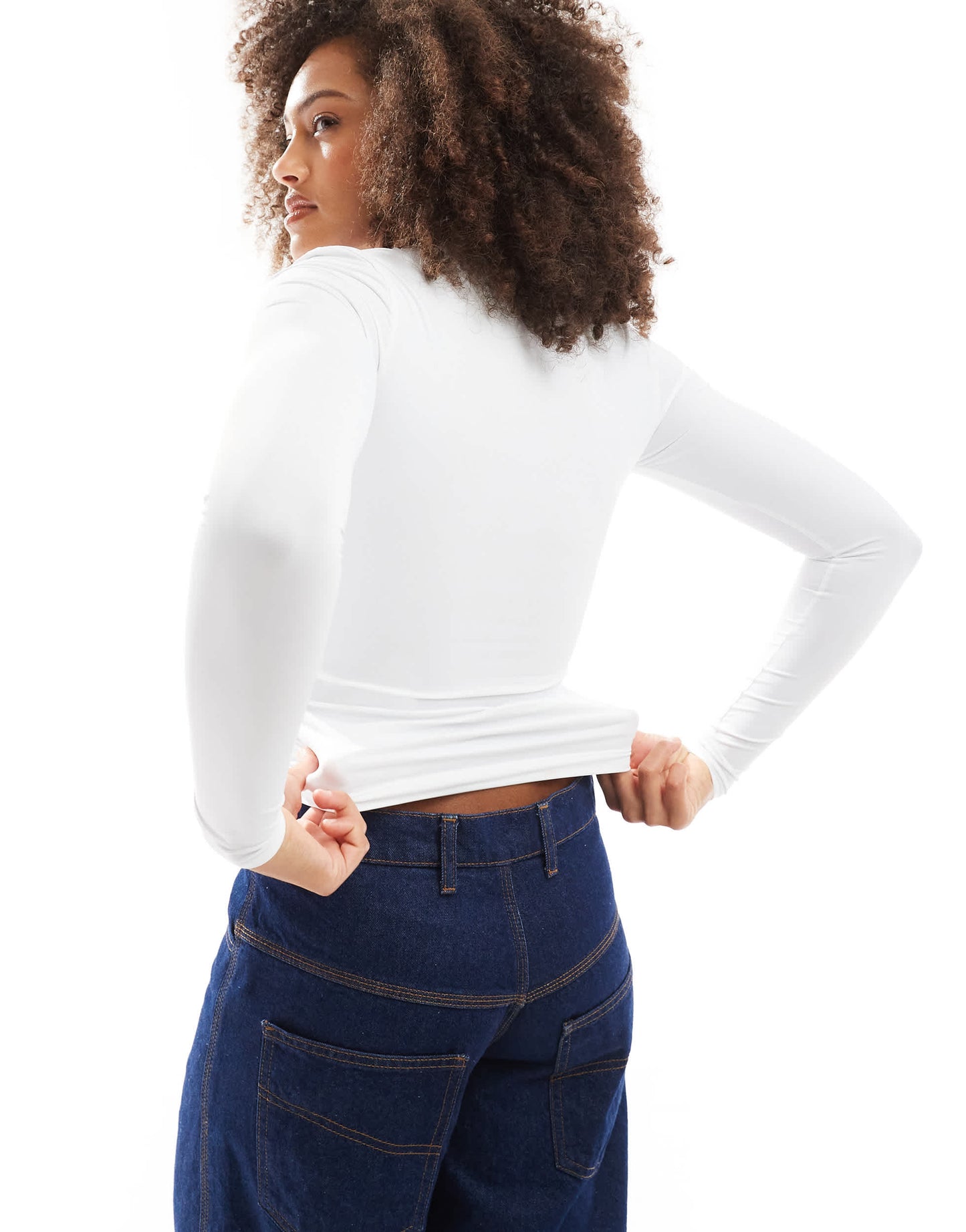 Pull&Bear polyamide sculpt long sleeved top in white
