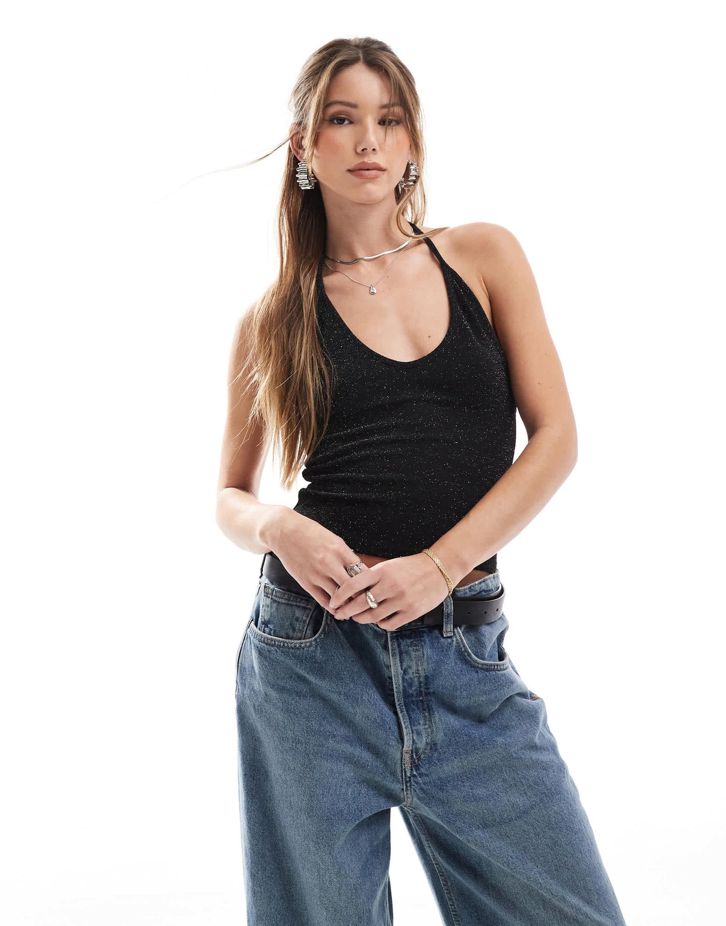 Pull&Bear glitter halterneck top in black