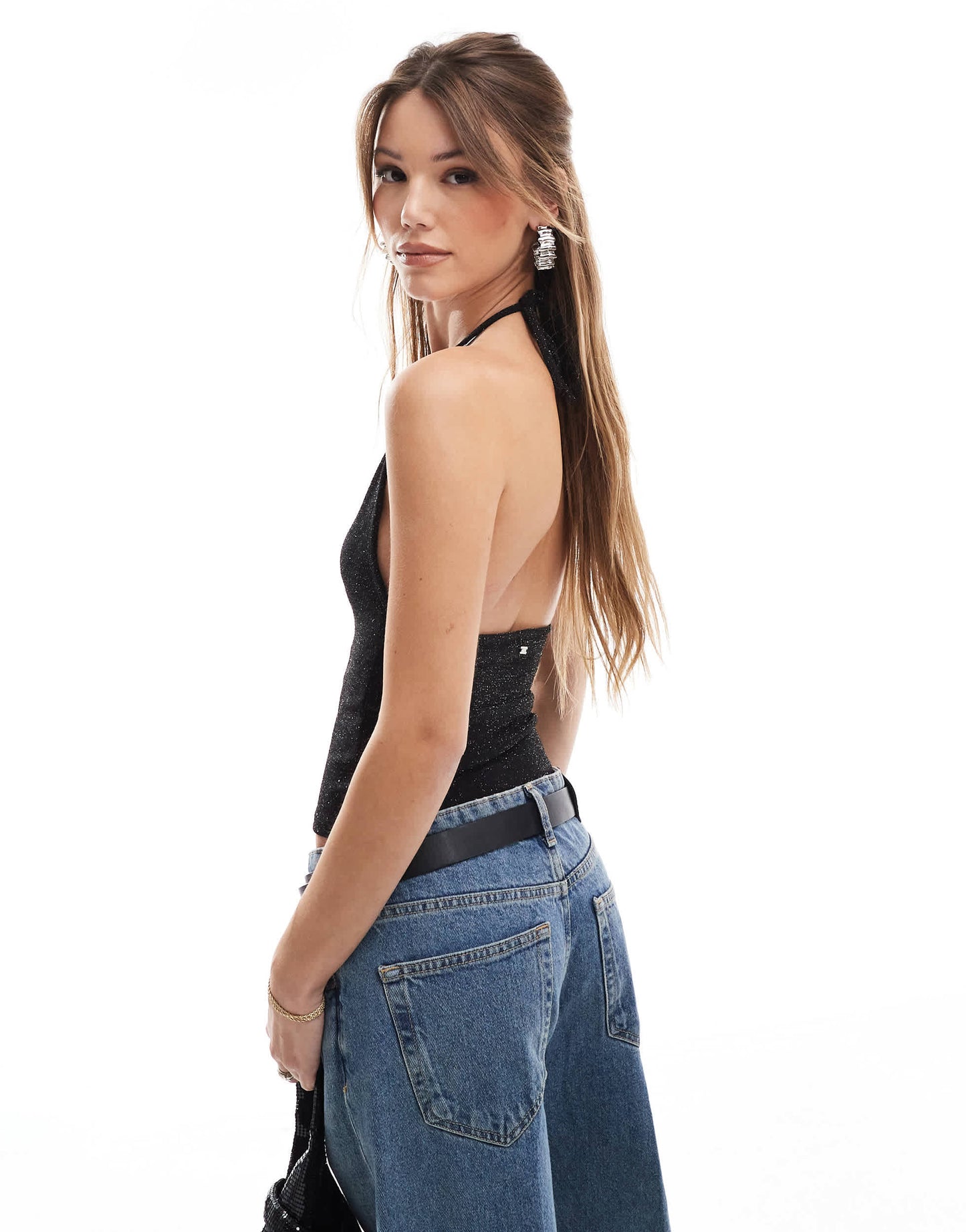 Pull&Bear glitter halterneck top in black