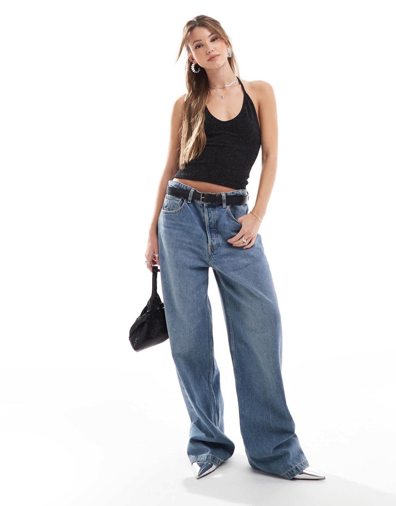 Pull&Bear glitter halterneck top in black