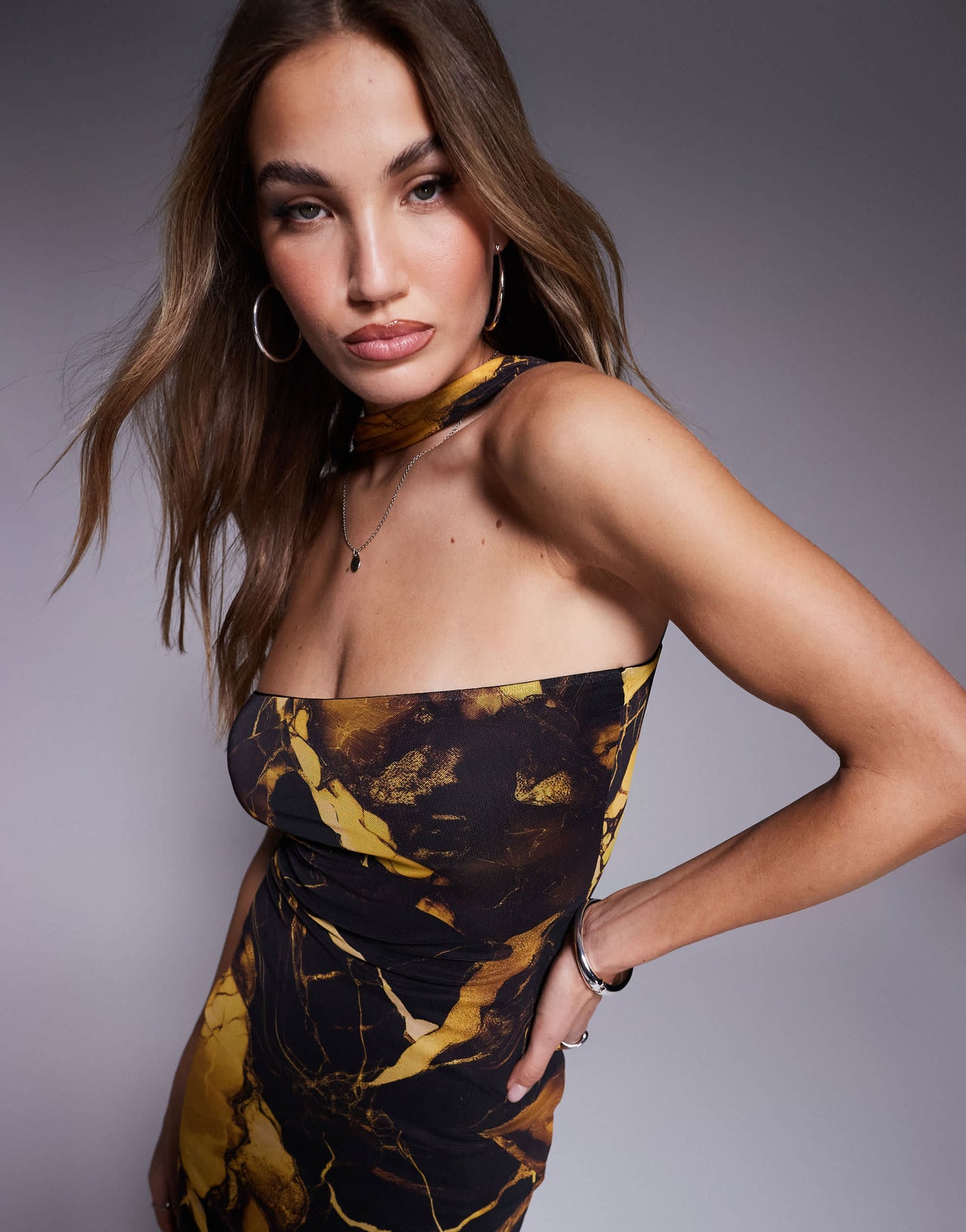 ASOS DESIGN mesh bandeau maxi dress with neck tie detail in yellow marble print